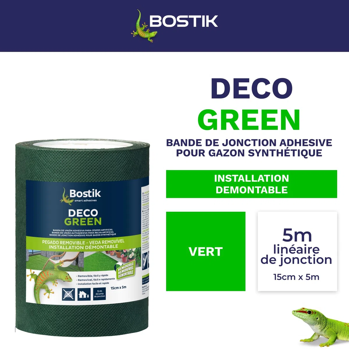 Bostik, Klebeband zur Installation von Kunstrasen, doppelseitig, innen und außen, abnehmbare und diskrete Installation, Deco Green, Grün, 15 m x 5 m Rolle
