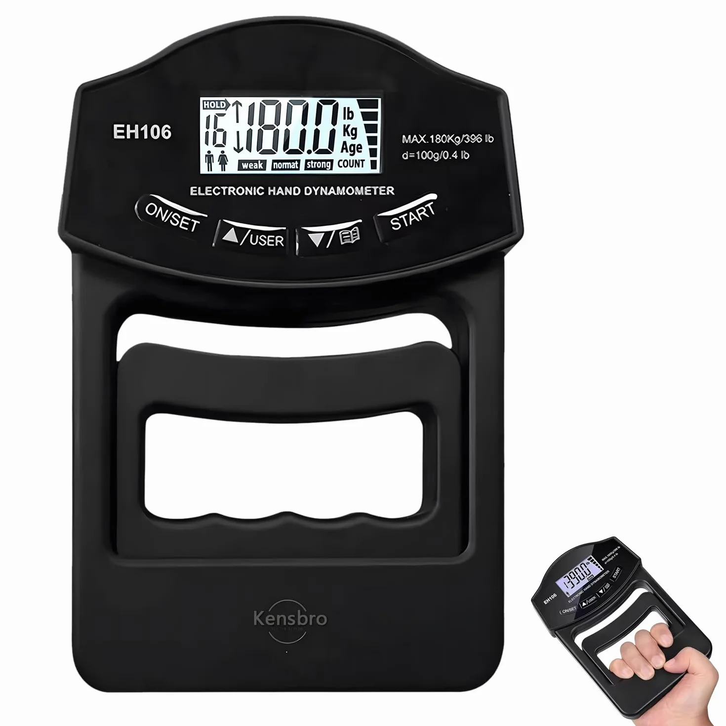 Digitaler Handkraftmessgerät 396lb/180Kg Elektronische Griffkraft Messgerät Großer LED-Bildschirm Hand Dynamometer mit USB-Ladekabel, Intelligent und einfühlsam(Schwarz), WLQ2