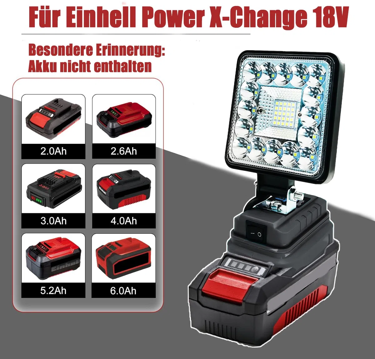 Akku Lampe für Einhell 18V (Kein Akku),3800LM Kabellose Led Arbeitsleuchte,48W Tragbare LED Strahler mit USB,Flutlichter Baustellen Lampe für Autoreparatur, Heimbeleuchtung, Camping