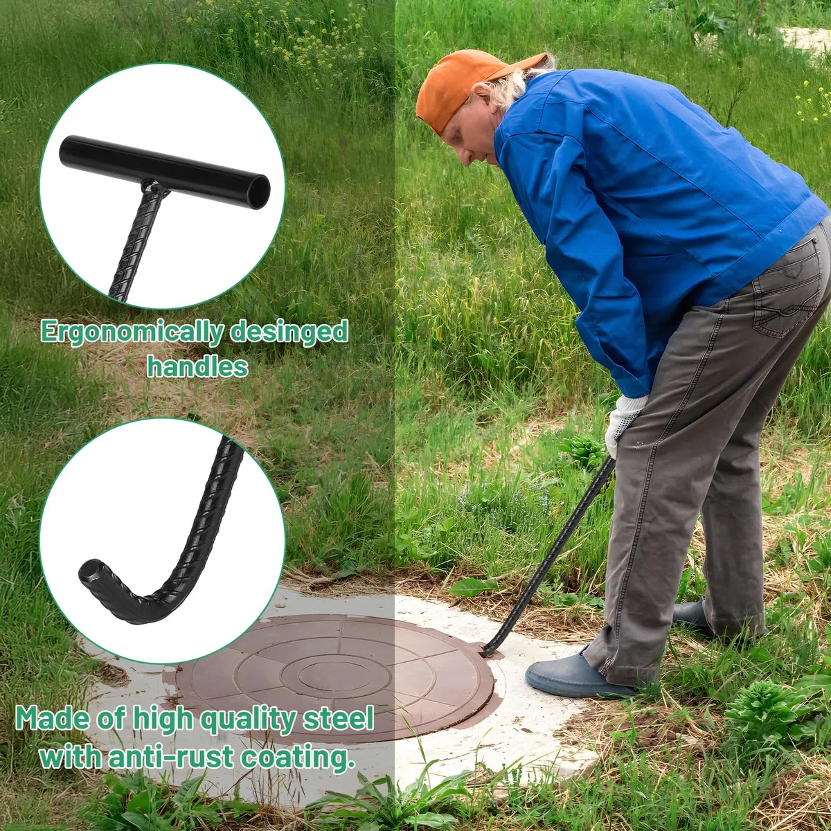 DBREAKS 2 Stk Kanaldeckelheber Gullideckel Haken Kanalhaken Schachtdeckelheber, T Schachthaken Kanaldeckelheber, Schachtdeckelhaken mit Gewinde, für Schachtabdeckung, Kanaldeckel, 60cm