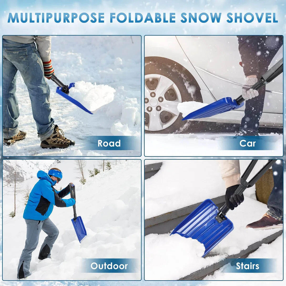 ORIENTOOLS Schneeschaufel,Schwere Faltbare Schneeschaufel,Schneeschaufel Auto mit zusammenklappendem D-Griff (blau, Länge: 14-31,5 '', Klinge: 13 '' x 11 '')