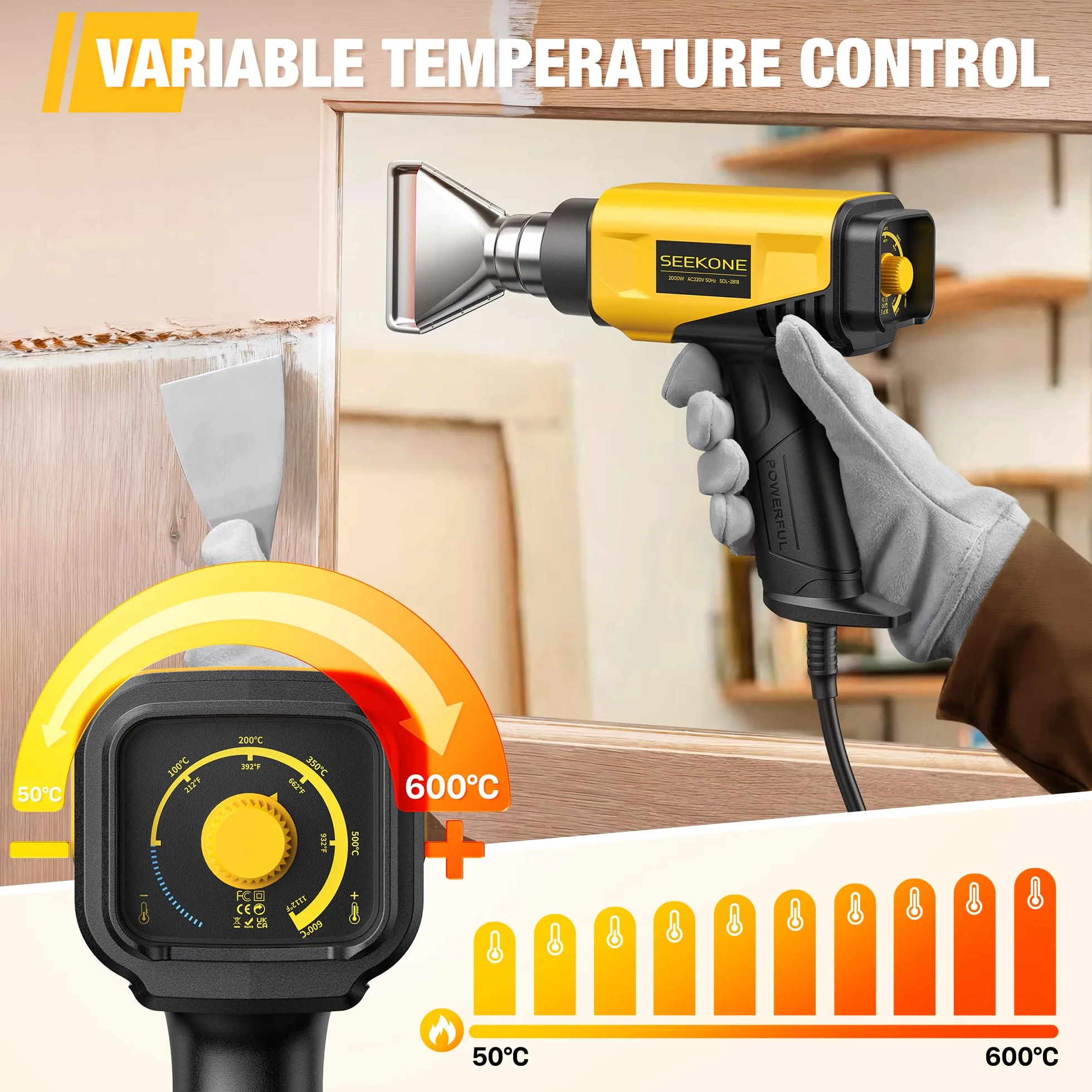 SEEKONE Heißluftfön 2000W Heißluftpistole mit einstellbarer Temperatur 50-600℃ Heißluftpistolen-Kit mit 1.5S Schnelles Aufheizen und Überlastschutz für DIY-Handwerk Entfernen von Farbe