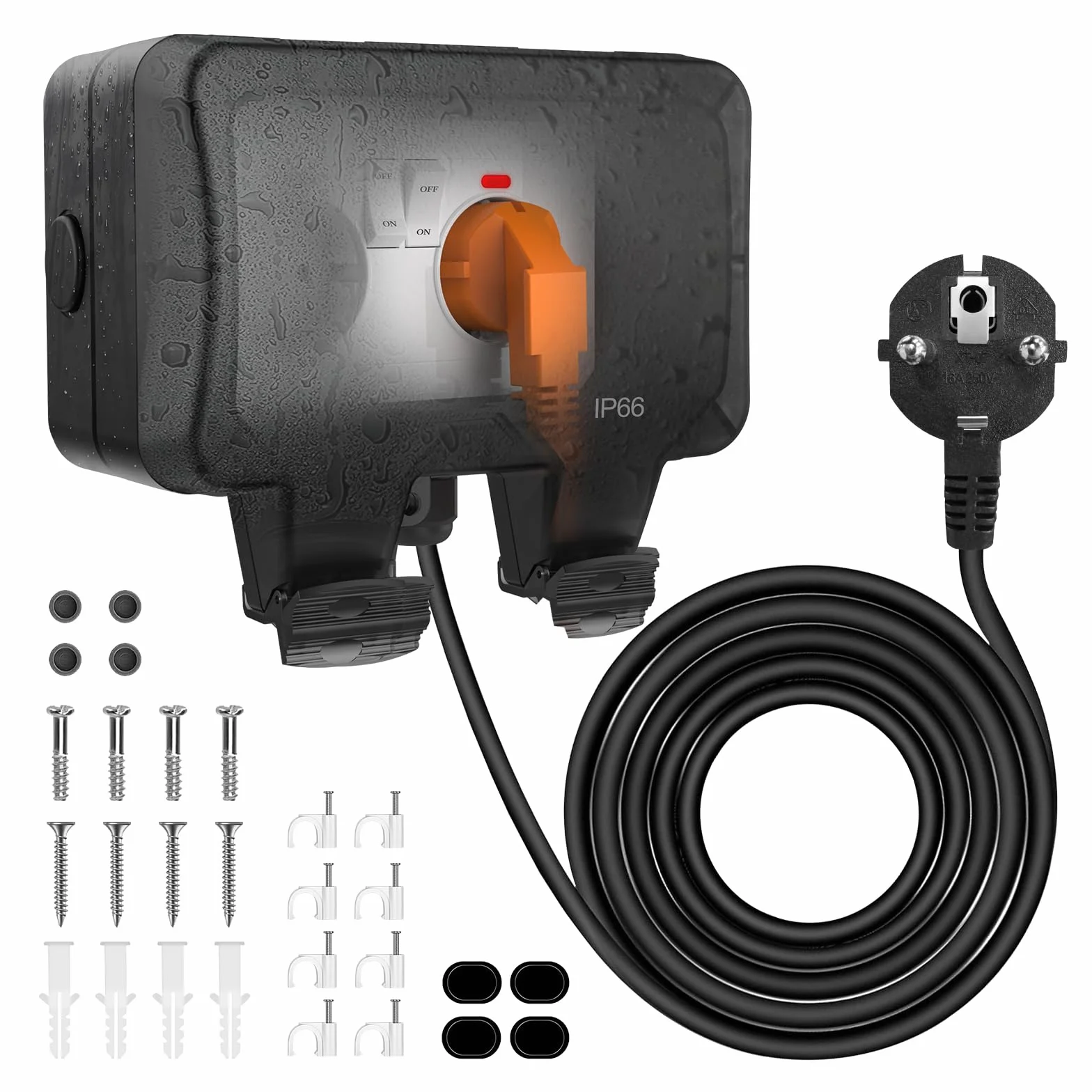 Aussensteckdose Wasserdicht IP66 Steckdose Aussen Außensteckdose Aufputz 3M Kabel mit Schalter 2 Fach Doppelsteckdose mit Klappdeckel Feuchtraum Wetterfest Outdoor Stecker Gartensteckdose, Schwarz
