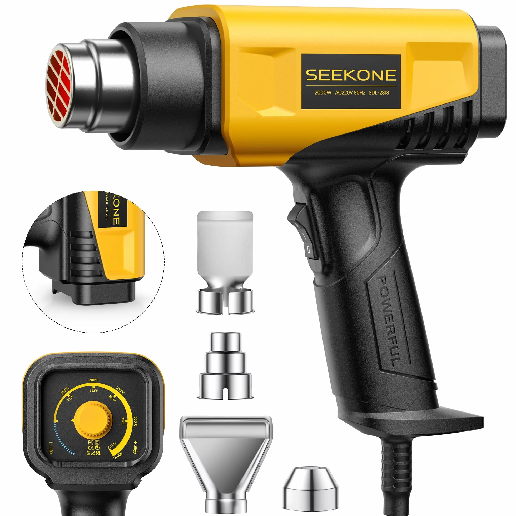 SEEKONE Heißluftfön 2000W Heißluftpistole mit einstellbarer Temperatur 50-600℃ Heißluftpistolen-Kit mit 1.5S Schnelles Aufheizen und Überlastschutz für DIY-Handwerk Entfernen von Farbe