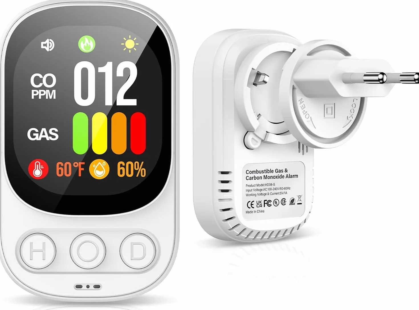 Kohlenmonoxid Melder,Gasmelder Haus,LPG/Erdgas/Kohlegas Lecksucher,Plug-in CO Melder mit Aukustischem & Optischem Alarm,Carbon Monoxide Detector mit LCD-Anzeige für Methan Propan Butan,HD08-G