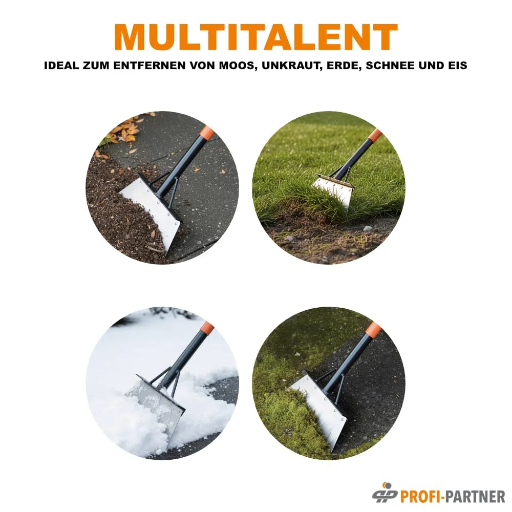 Flachkopfschaufel 154 cm – breite Klinge 26,5 cm – aus legiertem Stahl – kräfteschonend für Wege, Garten, Hof & Schnee - Stoßscharre/Bodenschaber für EIS, Schnee, Moos