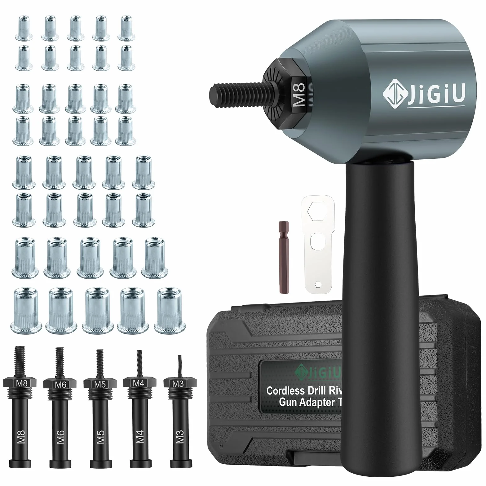 JiGiU Nietmuttern Adapter Kit für Elektrische Bohrmaschine Profi Nietmutternaufsatz mit 5 Art Dorne M3 M4 M5 M6 M8 & 40PCS Nietmutter in Robuste Koffer, Nietaufsatz für Bohrmaschine & Akkubohrer
