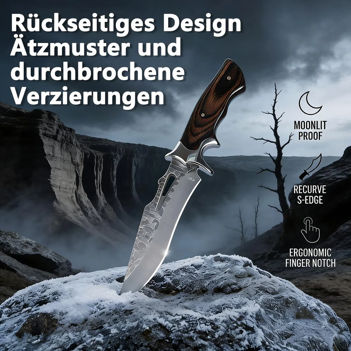 Outdoormesser 31cm – Komposit-Klinge mit geradem Rücken, falscher Schneide und leichter S-Form, Edelstahl-Handschutz, Schwarznussbaum-Griff mit Fingerkerben, Robuster Naturbegleiter