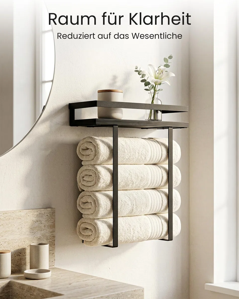Handtuchhalter Bambus mit schwarzen Metallrahmen, 40x14x42cm, Handtuchregal mit modernem Design, Metall Holz Wandmontage Handtuchhalterung, Badezimmer Zubehör Möbel (Schwarz)