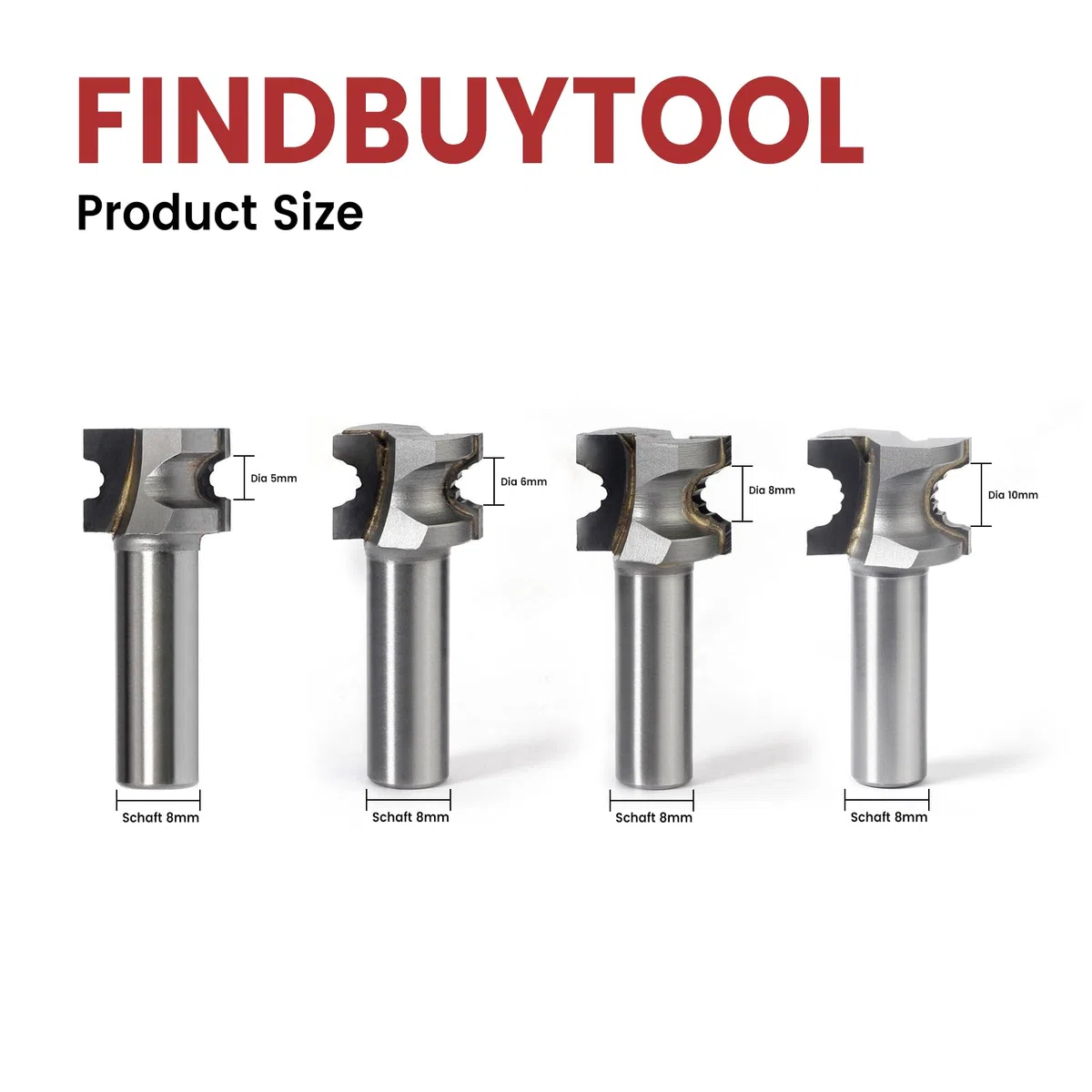 FindBuyTool Fräser Set, 4-teilig Kantenfräser 8mm Schaft für Festool Domino DF500/700, Wolframkarbid Bündigfräser Set für Holzbearbeitung und DIY-Projekte, Fräser-Bits D5, D6, D8, D10