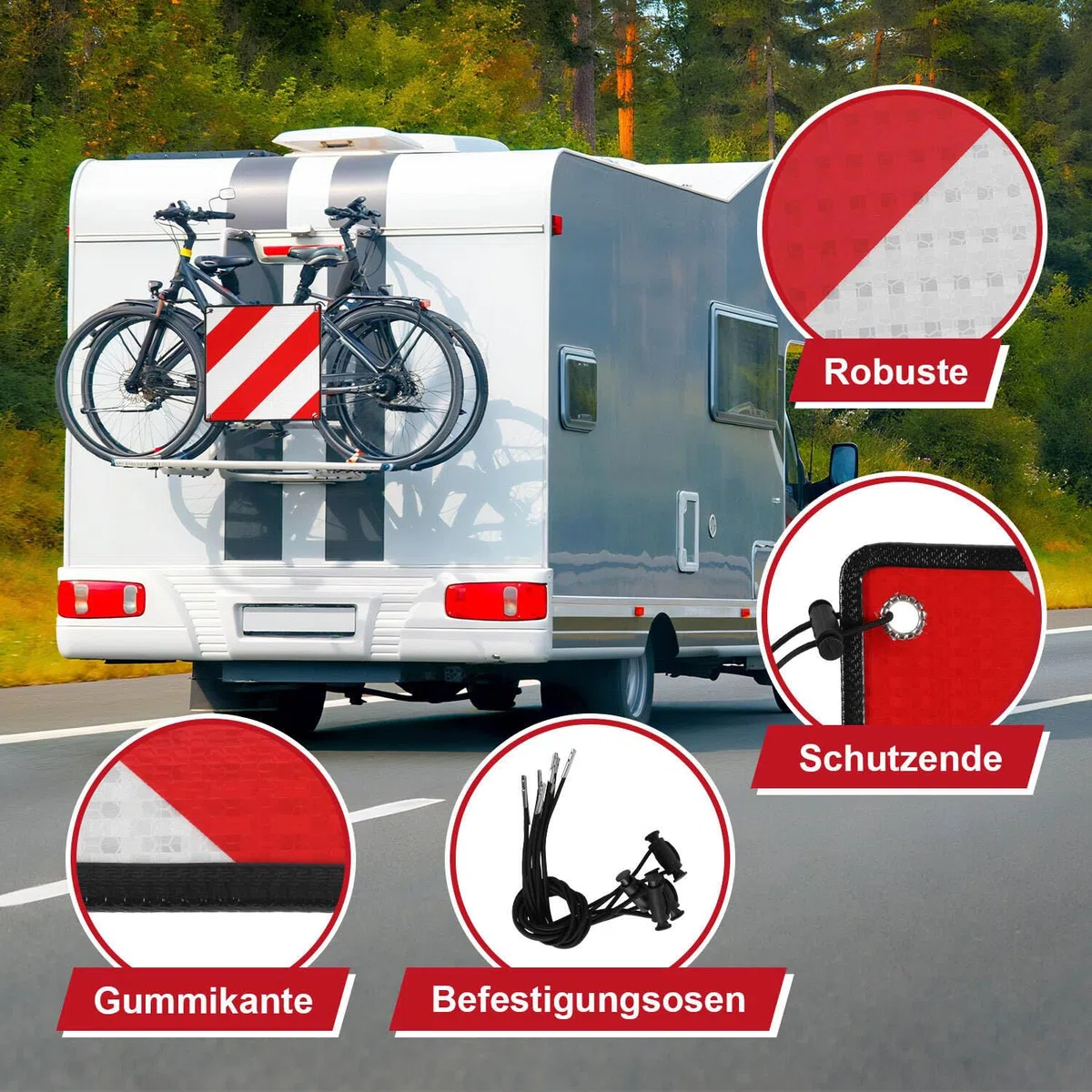 3in1 Warntafel Aluminium für Italien und Spanien & Portugal, Warnschild 50x50 cm inklusive 4X Spanngurte, Reflektierend, für Heckträger Fahrradträger Wohnmobil