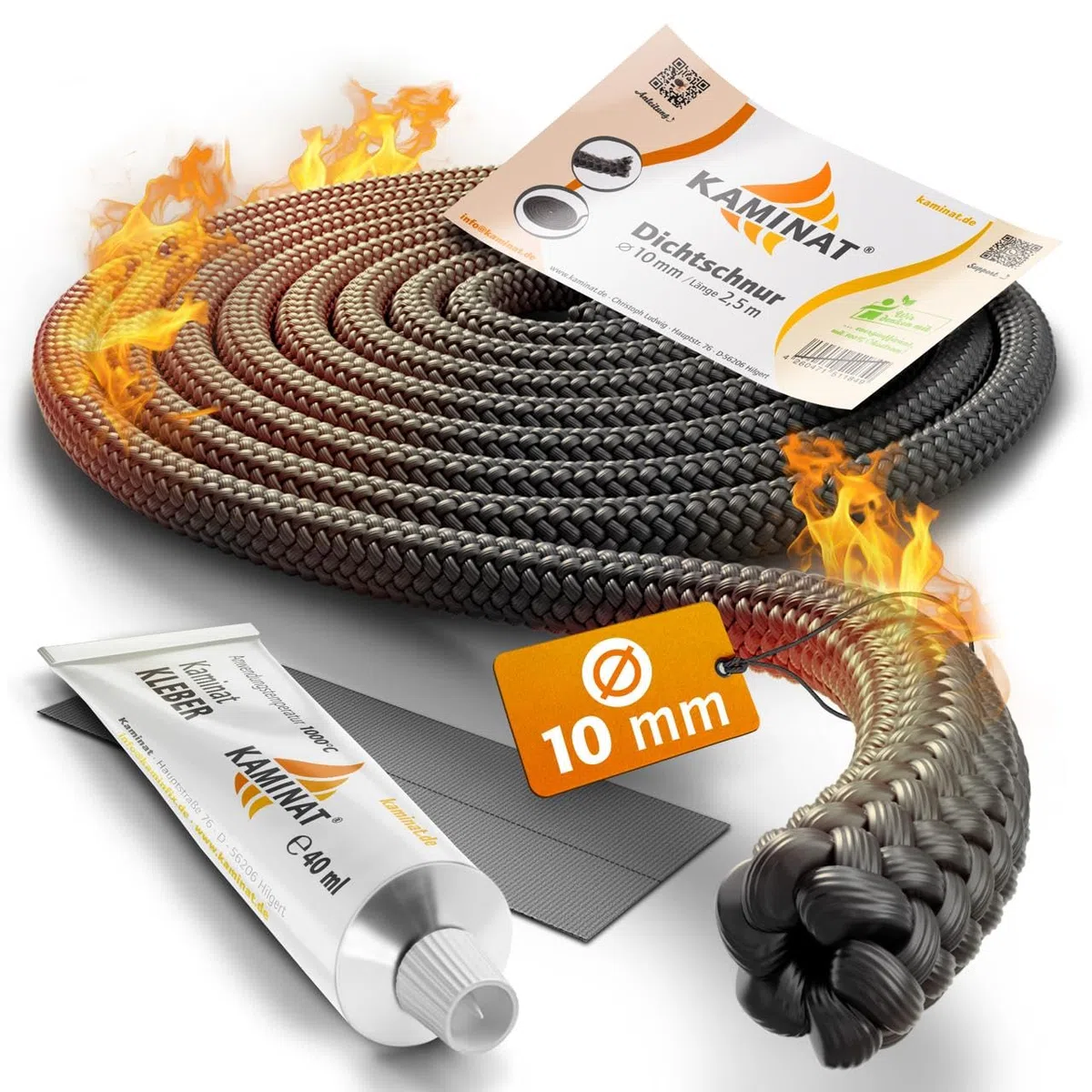Ofen Dichtschnur - 2,5m Dichtschnur für Kaminofen - Feuerfestes Kamin Dichtband & Ofenrohr Dichtung - Hochwertige Kamin Dichtungsschnur inkl. Kleber - Dichtschnur Kaminofen Ø 10mm Breite