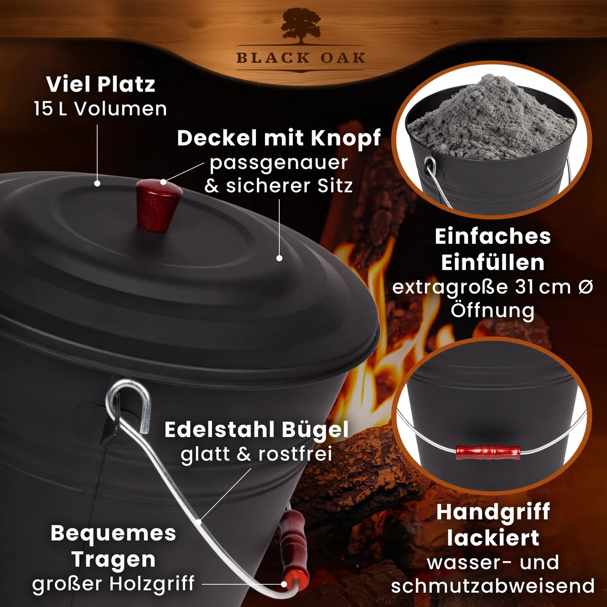 BLACK OAK Ascheeimer KATLA 15L – schwarz Deckel mit Holzknopf - groß 15 Liter - Stahl feuerfest verzinkt & pulverbeschichtet Asche & Kohle Eimer ideales Zubehör für Kamin Kachelofen Holzofen
