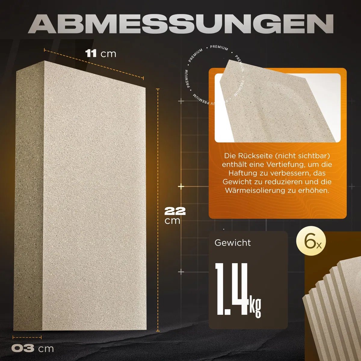 Pack 6 Schamottsteine 22 x 11 x 3 cm | Hergestellt aus Feuerfester Tonerde | Schamotteplatten Perfekte Feuerziegel für Kamine, Öfen und Grills