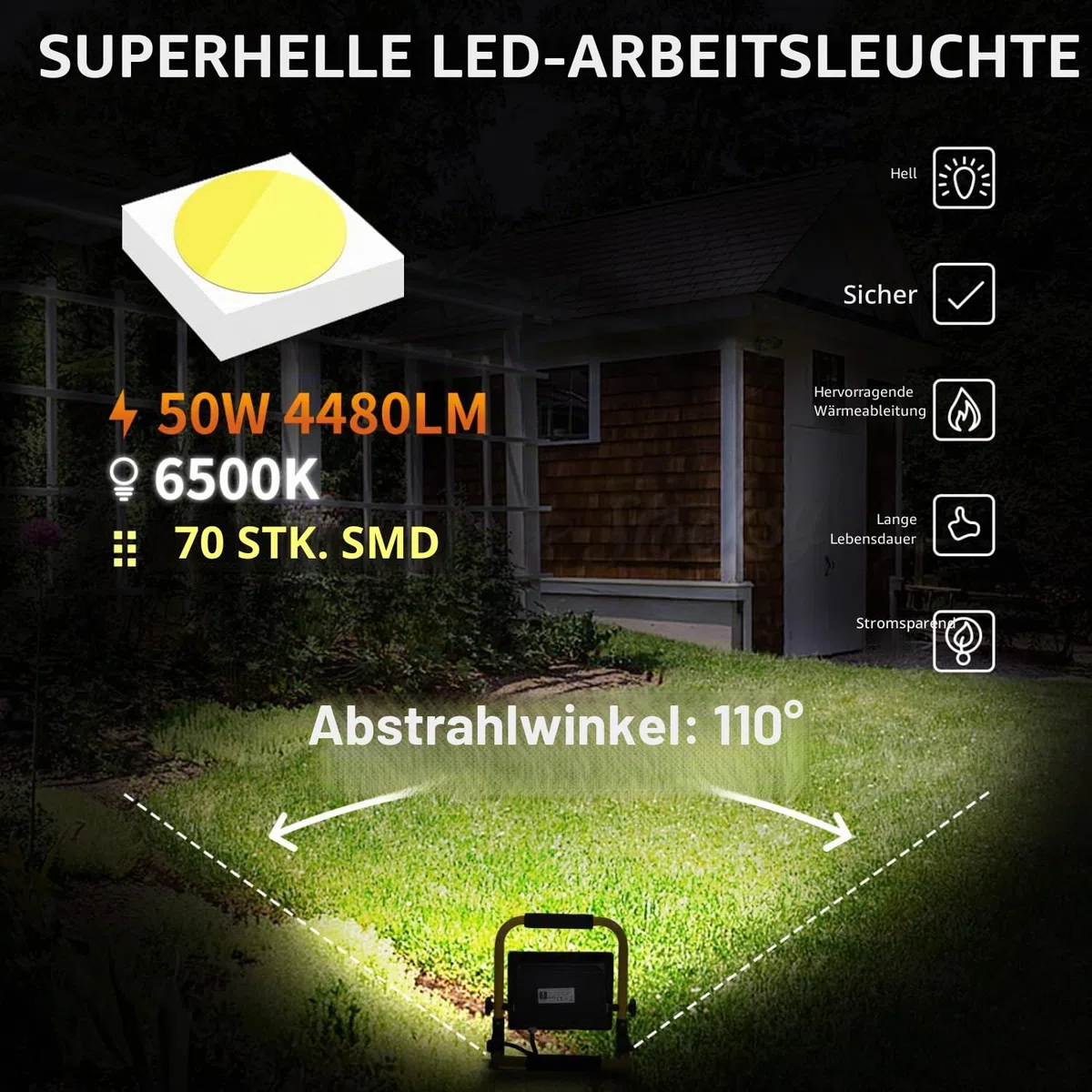 Aigostar LED Baustrahler 50W，LED Arbeitsleuchte mit Stecker，Wasserdichtes Arbeitsscheinwerfer Bauscheinwerfer，für Werkstatt oder Baustelle，Garage， 6500K Tageslichtweiß