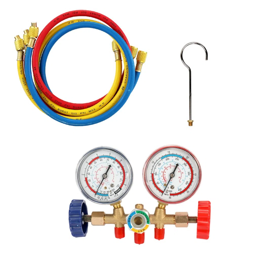 Kältemittel-Manometer-Set, Klimaanlagen-Werkzeuge mit Schlauch und Haken zum Ablesen des Drucks R12, R22, R404A und R134A