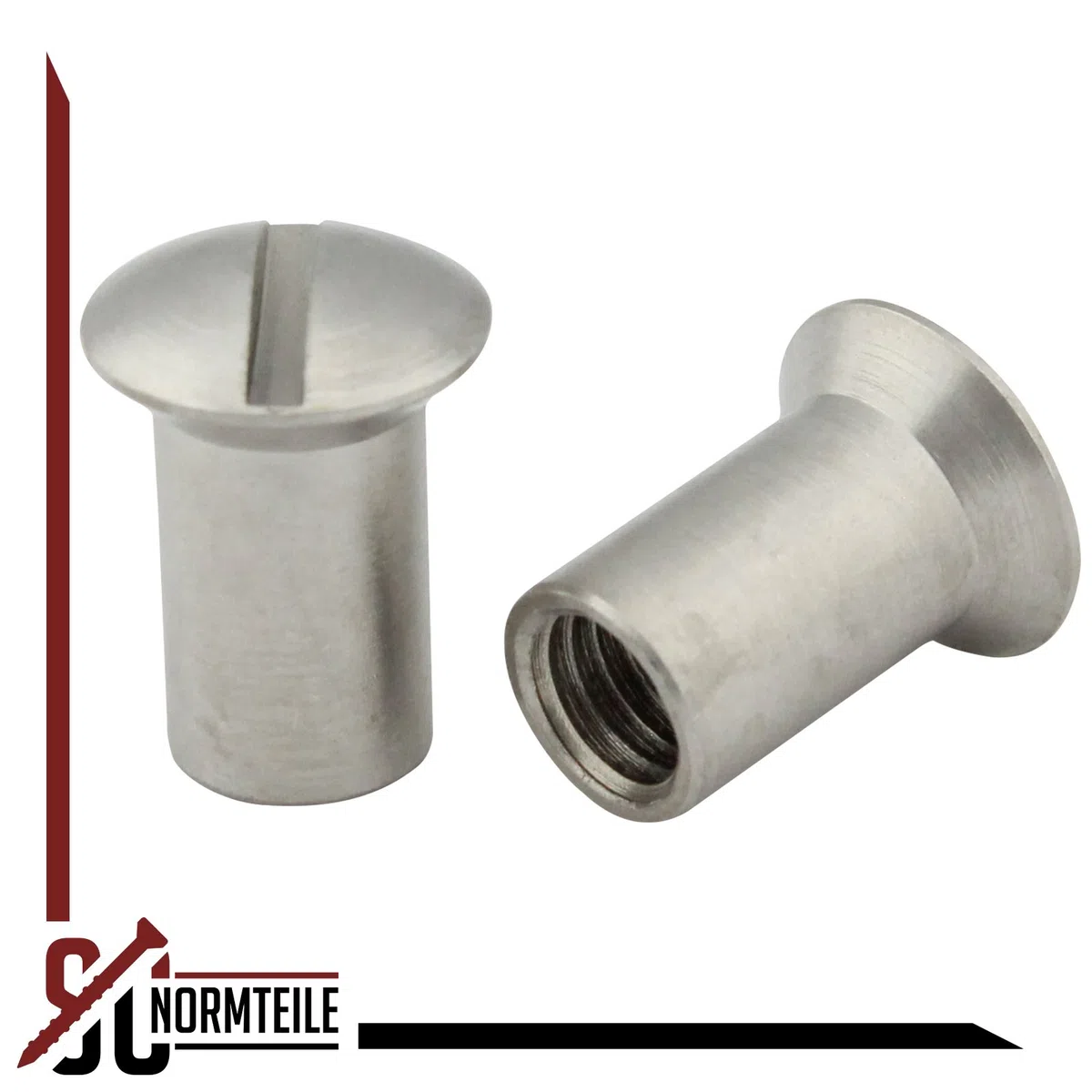 Hülsenmuttern mit Linsensenkkopf und Schlitz-Antrieb - M4x12 - (50 Stück) - aus rostfreiem Edelstahl A1 (VA) - NIRO - SC9061 - Linsenkopf | SC-Normteile®