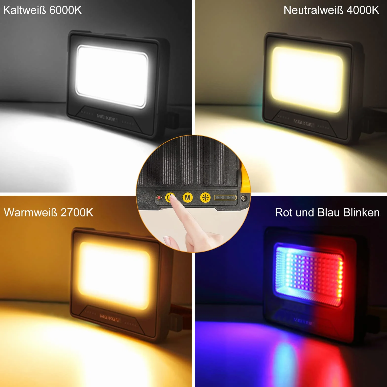MEIKEE 80W LED Baustrahler 12000MAH Led Arbeitsleuchte Akku Strahler 4 Lichtmodi Campinglampe Tragbar 5 Helligkeiten Solar USB-Aufladung Akku Lampe für Camping, Garage, Bau, Reparatur, Notfall