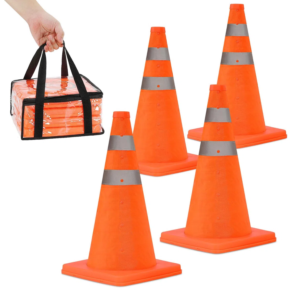 Verkehrskegel Faltbar 4er Set, Warnkegel mit Reflektorstreifen, Klappbar 45 cm, Leicht & Platzsparend, PP & Oxfordstoff, für Parkplatz, Auto & Notfall