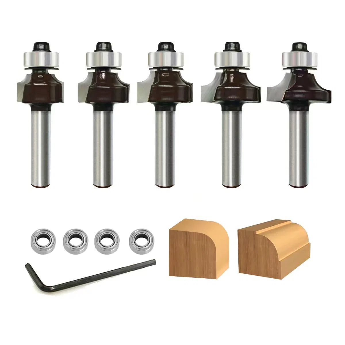 5 Stück Abrundfräser 8mm Schaft, Radius 2-3-4-5-8mm, mit 4 Austauschbar Kugellager Rundfräser, Hartmetall Radiusfräser, Runde Über Fräser Bits-,für Zimmerei Fasen Holzbearbeitung Trimmen
