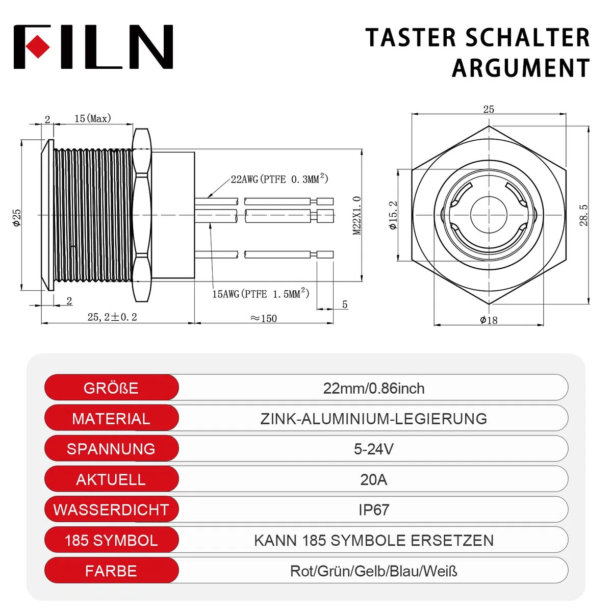 2Stück 22mm LED Taster Metall Druckknopf,Vorverdrahtet 20A 12-24V DC IP67 Leuchttaster Mit 185 Austauschbaren Symbolen 1NO1NC Für Auto,Boot,Industrie（Weiß LED）