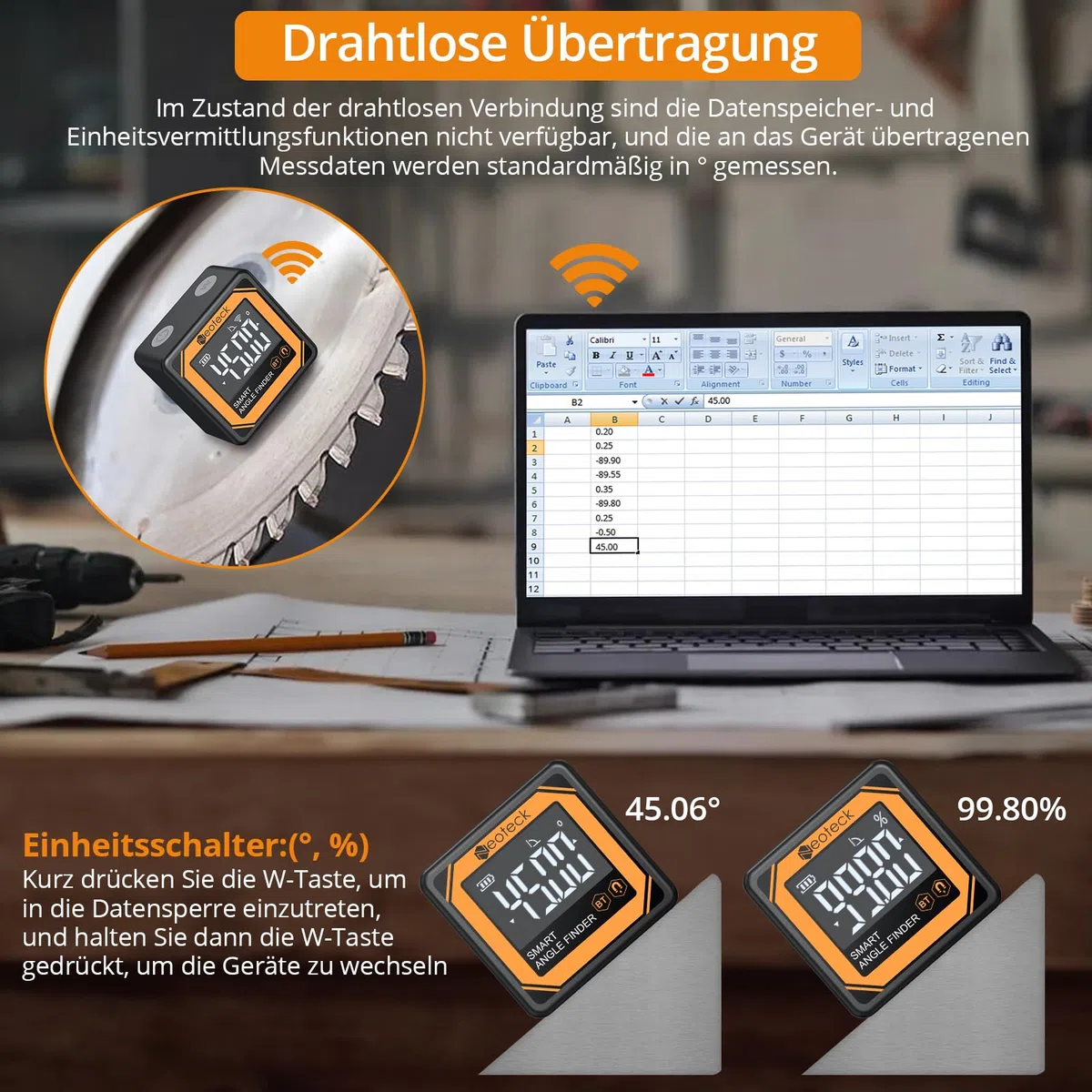 Neoteck Digital Neigungsmesser Mini mit Drahtloser Übertragung Tragbare Digital Winkelmesser Level Box für Holzverarbeitung, Bauwesen, Maschinenbau