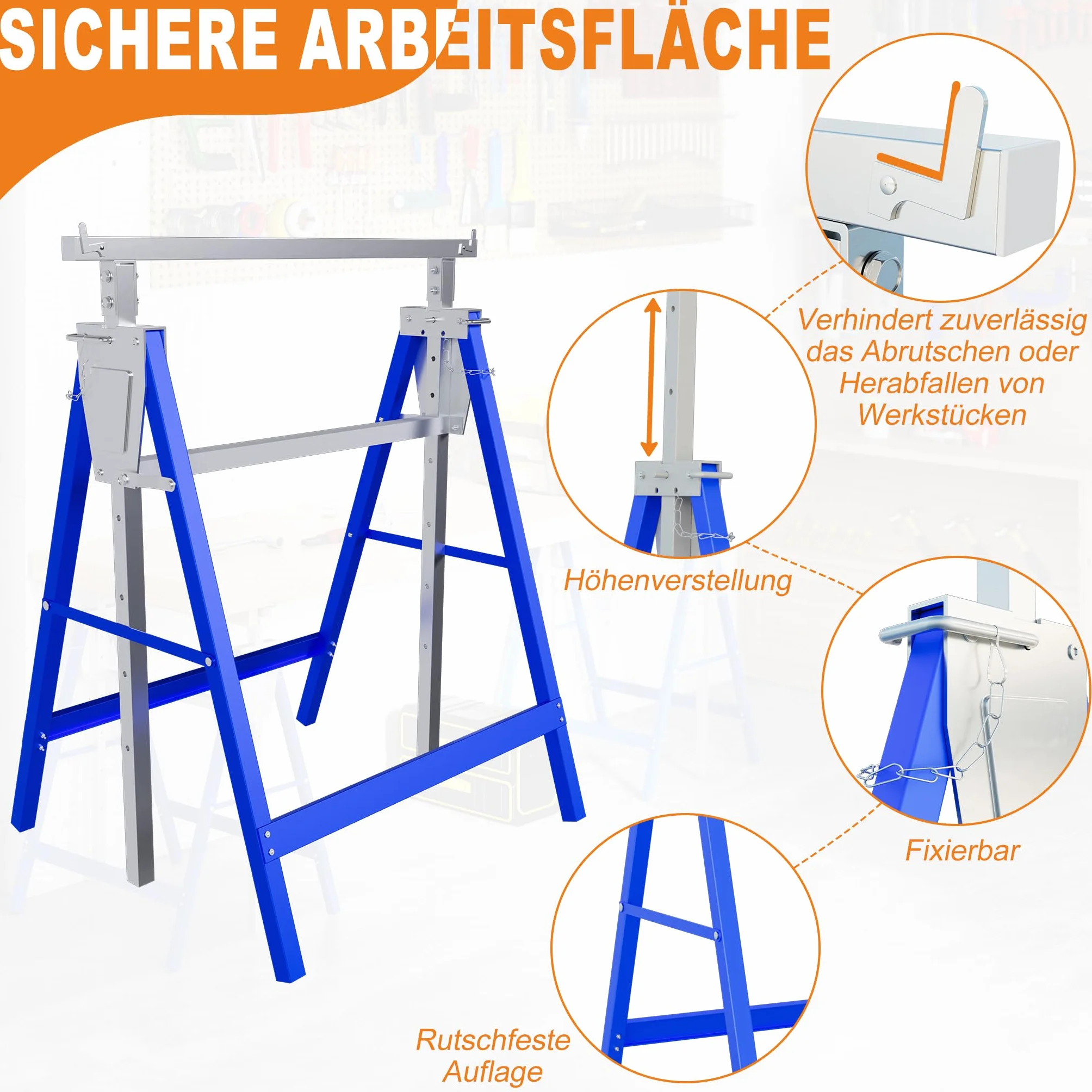 YRHome Höhenverstellbarer Arbeitsbock 2er Set, Stahl Klappbare Unterstellböcke, Tragkraft 150 kg pro Bock, 7 Stufen Verstellung 80-130 cm, Robuste böcke als Gerüstbock für Werkstatt & Baustelle