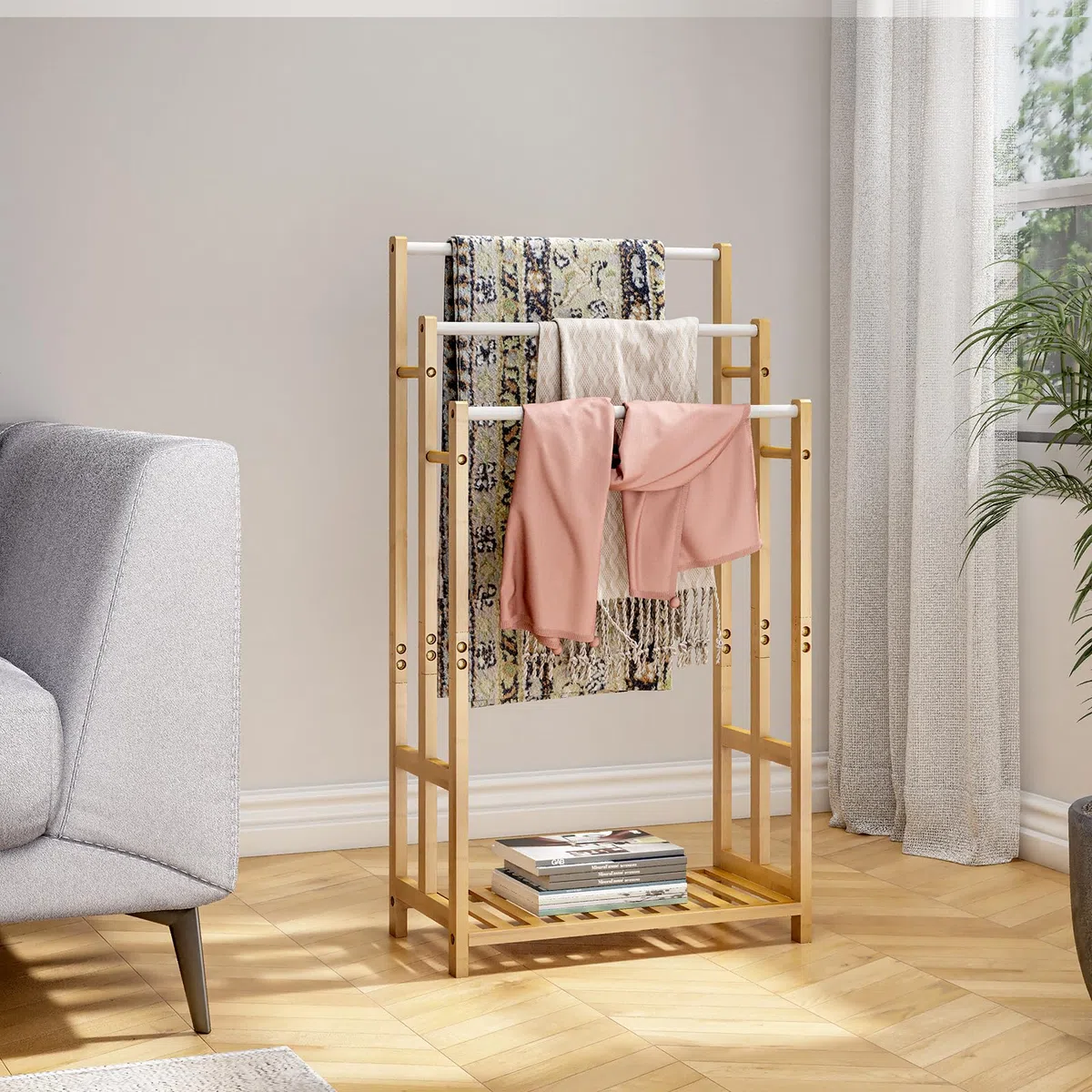 Dripex Freistehender Handtuchhalter Bambus Höhe 96 cm Handtuchständer Badetuchhalter mit 3 Edelstahlstangen und Ablage für Badezimmer, Zuhause, Natur 96H x 46B x 24T cm (96cm)