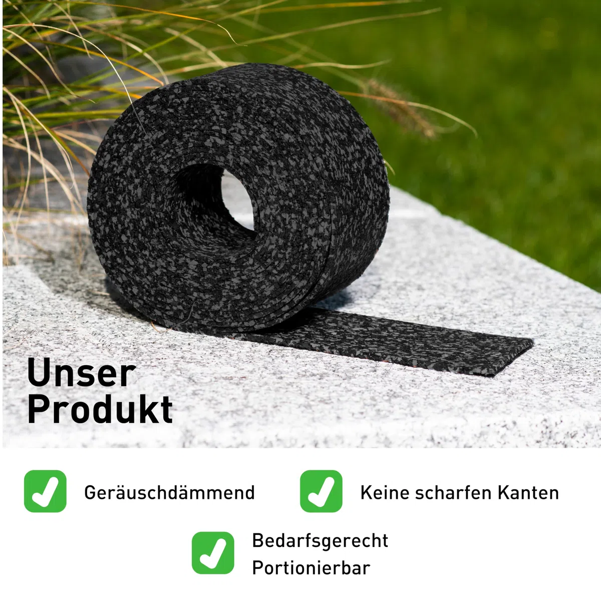 Terrassenpads auf Rolle (10m x 80mm x 6mm) - Gummigranulat, Bautenschutzmatte, Unterlegpads, Terrassenbau - Streifen Gummipads als Unterlage für WPC Terrassendielen und Terrassenplatten - 10Mx80x6mm