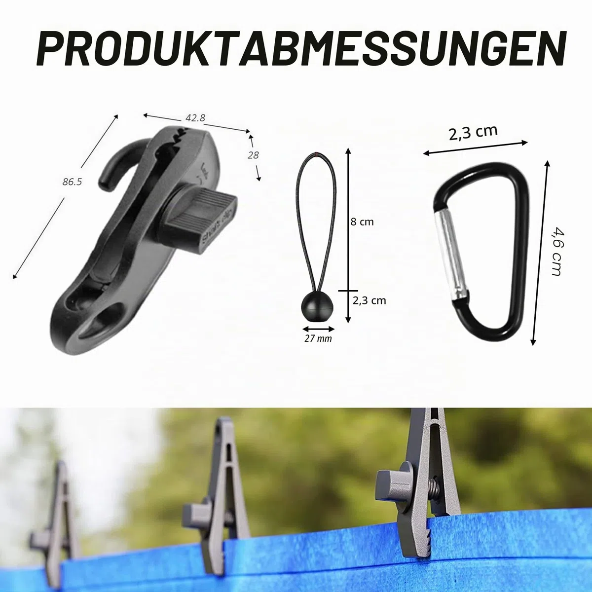 30 Stück Tarp Clips Set, Zeltplane Clips Planenbefestigung, 10 Planenclips+10 Zelt Bungees Schnüre + 10 Karabiner Clips, Heavy Duty Tarp Clips für Zelte, Picknick, Camping Im Freien