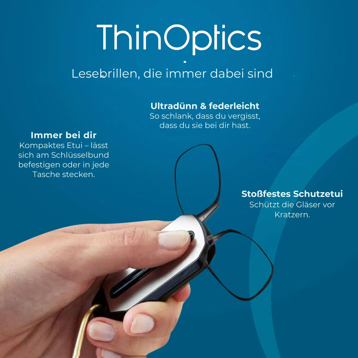 ThinOptics Lesebrille Schlüsselanhänger, ultraflach und bügellos, Flex-Fit Lesehilfe im Taschenformat, passt in Geldbörse, inkl Schlüsseletui +1,00 +1,50 +2,00 +2,50