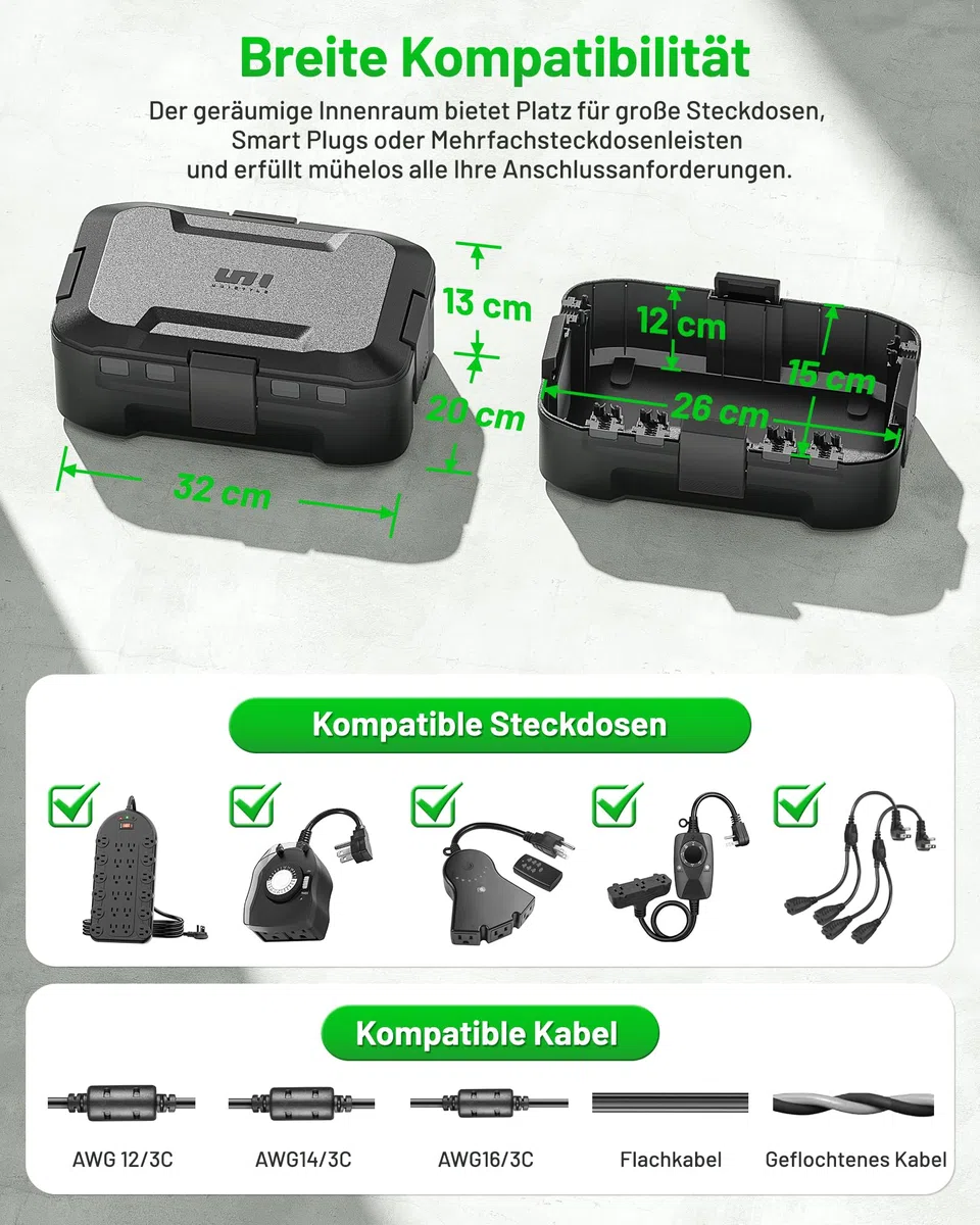 Kabelbox Wasserdicht, IP55 Unistyle Medium Stromkasten Außenbereich, Outdoor Steckerschutz Aussen Wasserdichte, Ideal zum Schutz von Steckdosenleiste, Aufputzdosen Innenmaße = 26cm x 15cm x 12cm