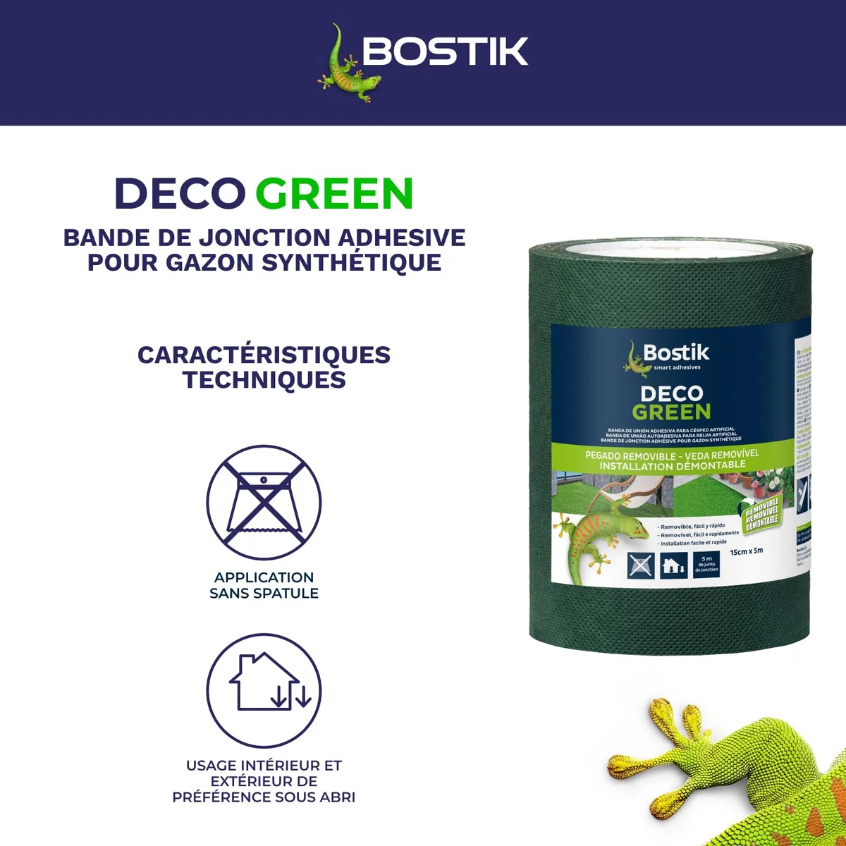 Bostik, Klebeband zur Installation von Kunstrasen, doppelseitig, innen und außen, abnehmbare und diskrete Installation, Deco Green, Grün, 15 m x 5 m Rolle