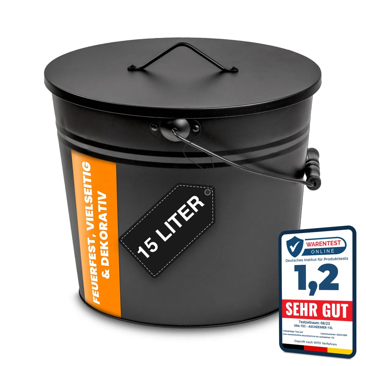 Ascheeimer 15L mit Deckel – Kohleeimer Schwarz Matt – Stahl feuerfest verzinkt & pulverbeschichtet – Kamineimer mit Holzgriff – Aschebehälter für Kamin, Ofen & Grill
