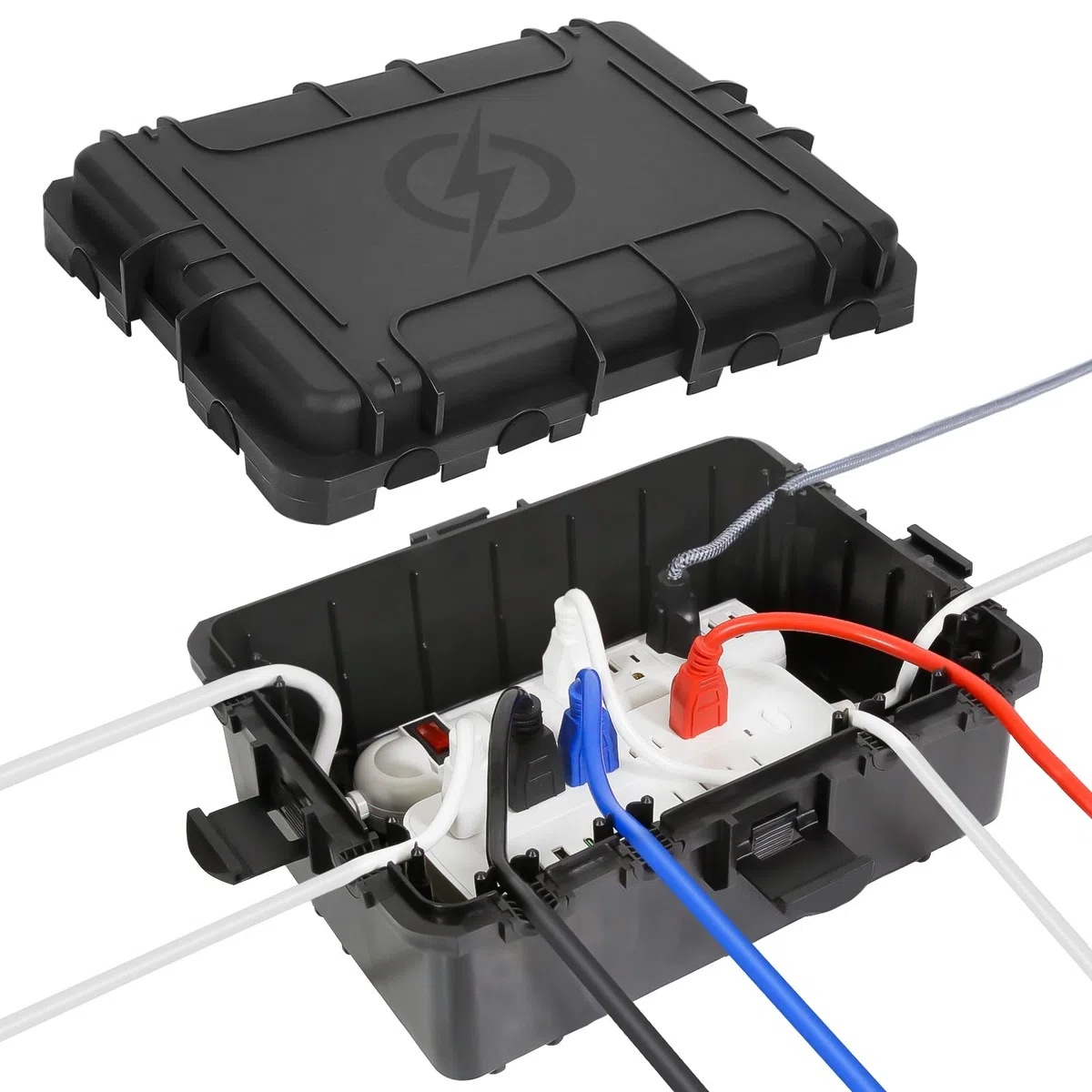 Große wasserdichte Kabelbox für den Außenbereich, wetterfeste Außensteckdose, IP54-geschützte Steckdosenleiste, Timer-Steckdose, Außenstecker, Verlängerungskabel (31 x 23 x 13 cm) - Schwarz
