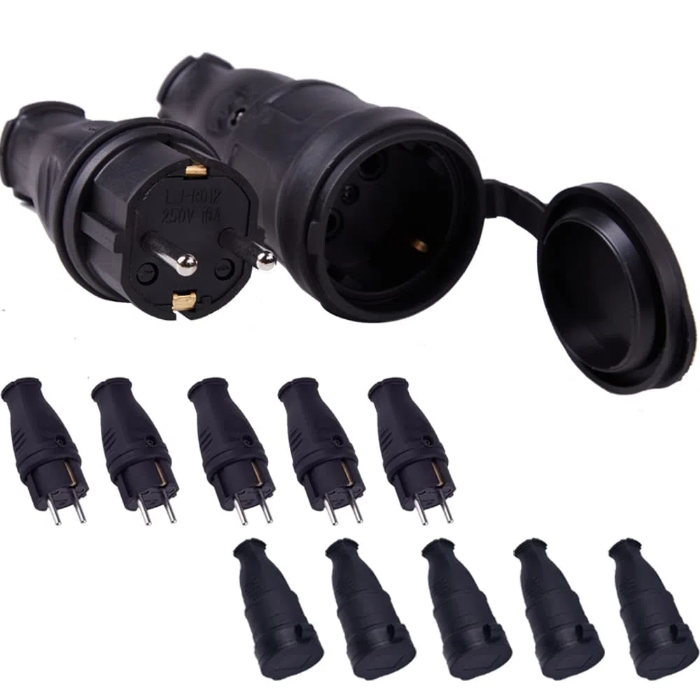 10 Stück Gummi Schuko Stecker Kupplung, Schutzkontaktstecker, Flammschutzmittel, Außenbereich Stromstecker Schutzkontakt Set mit Knickschutz, für 0.5-3cm² Kabel, IP44, 250V, 16A, 4000W Kabelsteckers