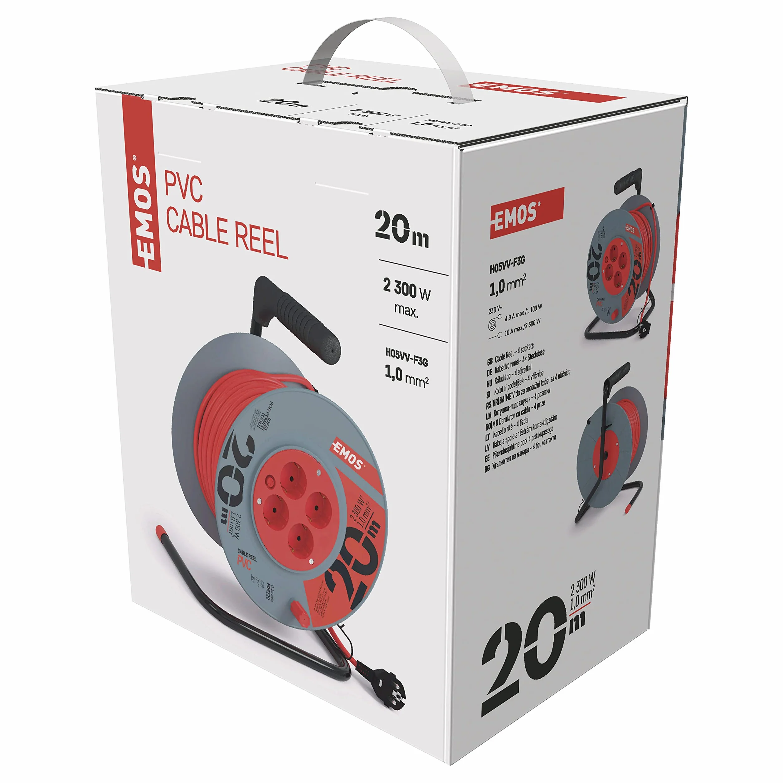 EMOS - Kabeltrommel 20m - 4 Schuko-Steckdosen - 230 V, 10 A, 2300 W - hochwertige PVC-Isolierung - H05VV-F3G 1,0 mm2 - Überhitzungsschutz, Spulenbremse - IP20 für Innen