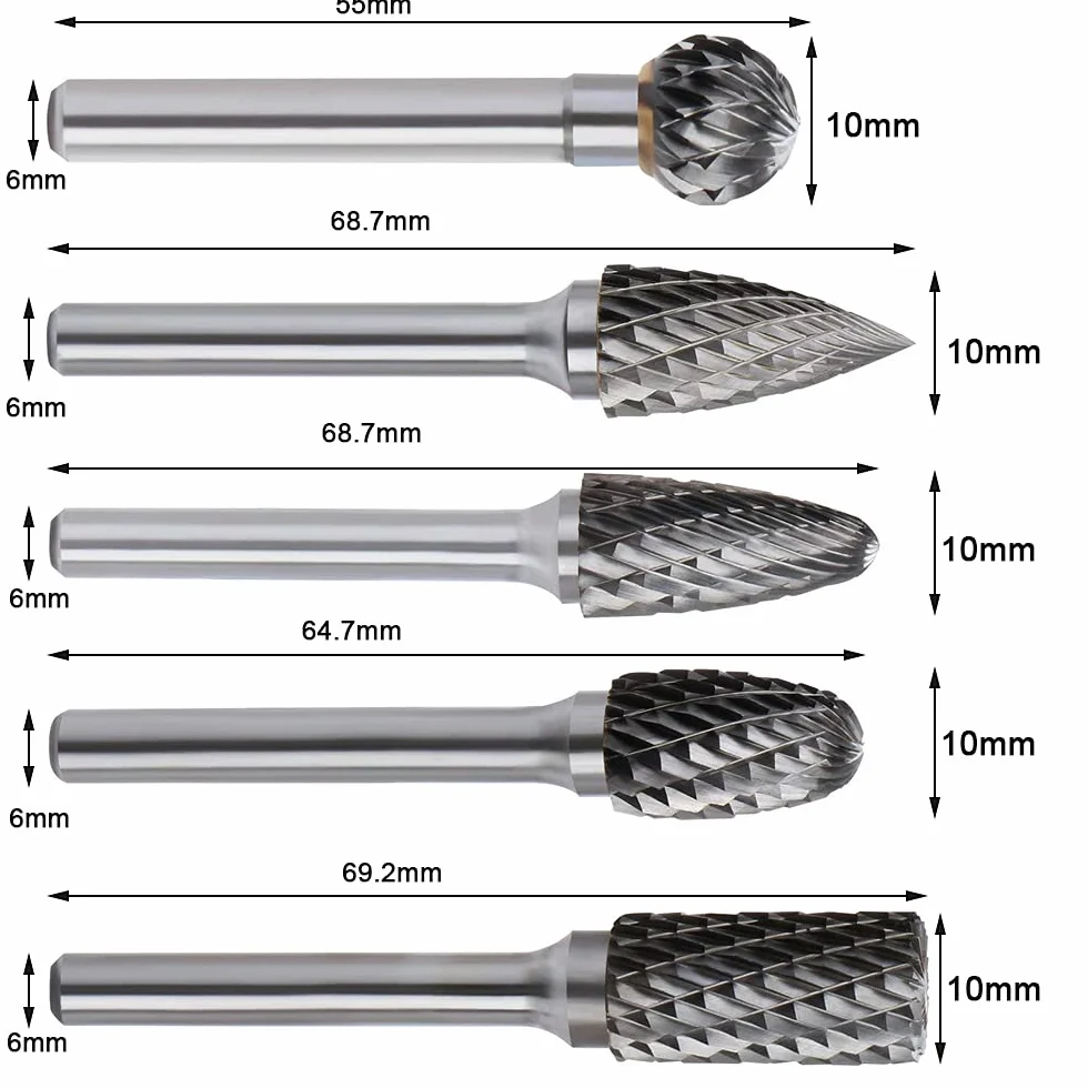 Raspel Set,ACCOCO,5-Teilig 6×10mm Raspeln Satz Doppelschnitt Hartmetall Drehfeilen Diamantfräser Dremel Drehwerkzeug für Schleifer Bohrer DIY Holzbearbeitung Carving Metall Polieren