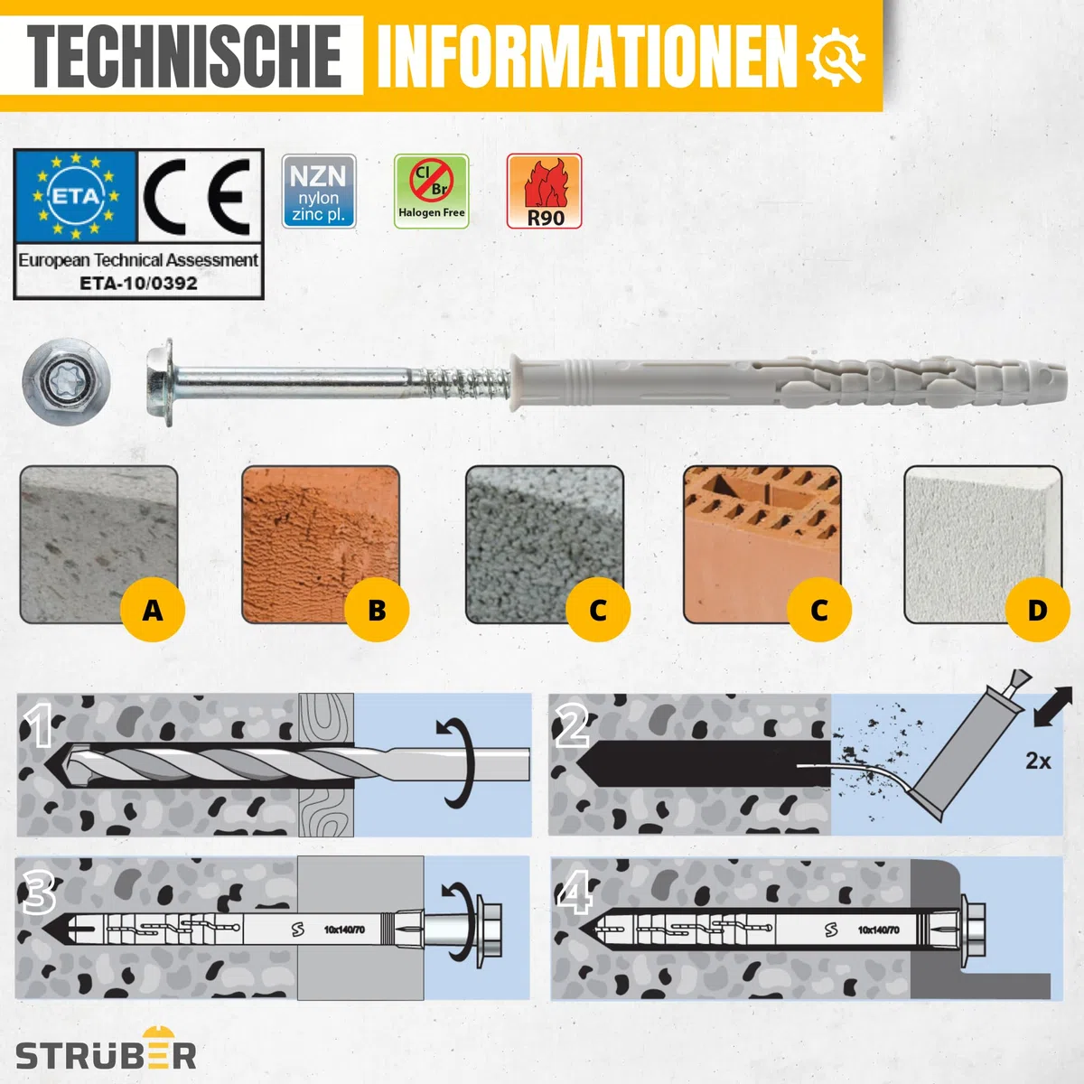 STRÜBER Rahmendübel mit Sechskantschraube & Scheibenkopf mit SW/TX-Buchse (10x160 mm / 50 Stück) Torx - Fensterrahmendübel - Langschaftdübel - Wandrahmenbefestigung - Nylondübel - ETA Zulassung