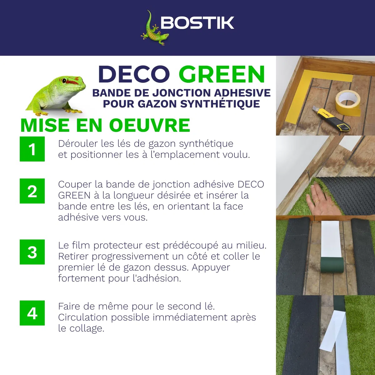Bostik, Klebeband zur Installation von Kunstrasen, doppelseitig, innen und außen, abnehmbare und diskrete Installation, Deco Green, Grün, 15 m x 5 m Rolle