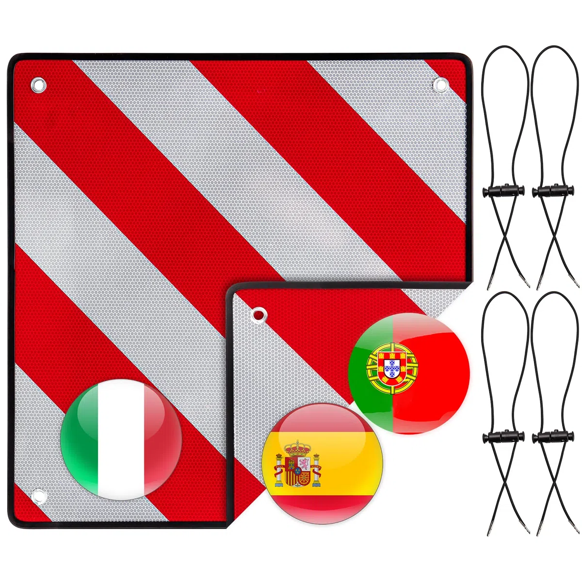 Warntafel Italien und Spanien 4 Spannseile 2in1 50 x 50 cm, Reflektierendes Aluminium Warnschild Rot Weiß für Heckträger, Fahrradträger, Anhänger, Wohnwagen, Auto, Wohnmobil, Urlaub, Abschleppen