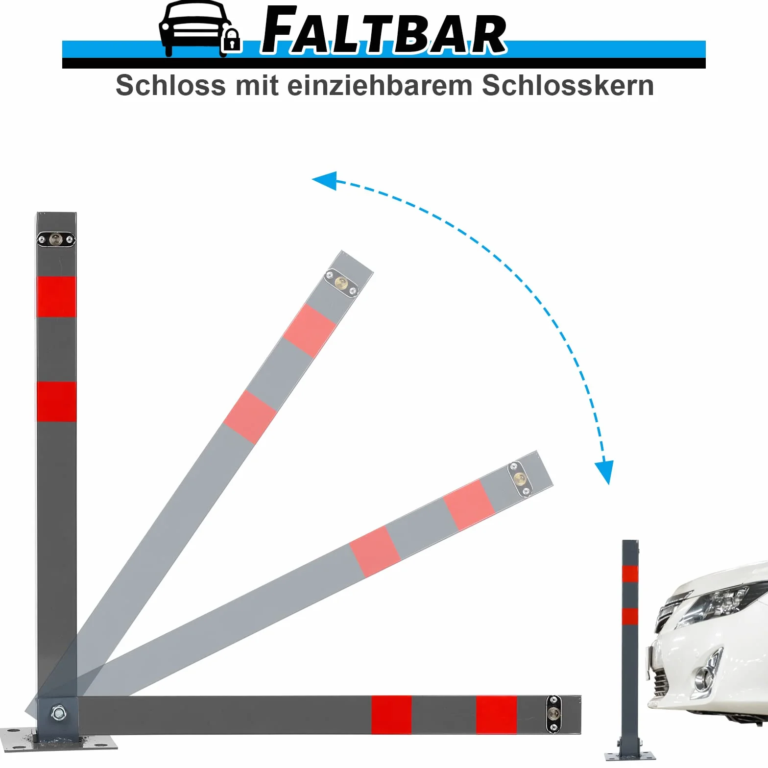 Ikodm 1 Stück Parkplatzsperre Klappbar Parkpfosten Absperrpfosten mit 3 Schlüssel mit Warnstreifen
