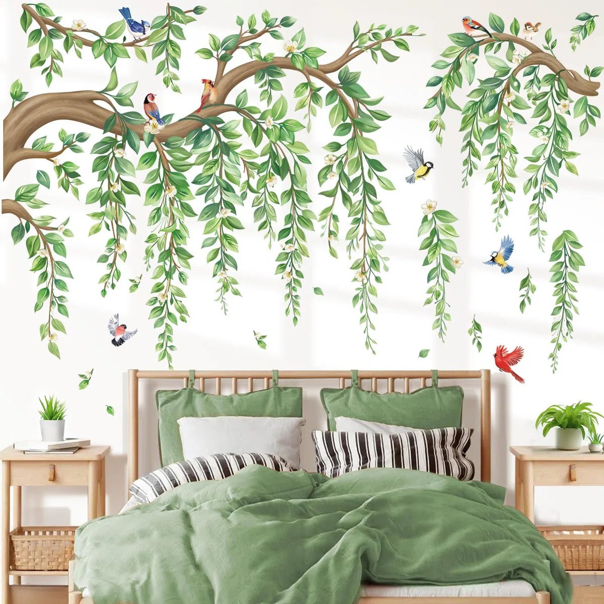 wondever Wandtattoo Grüne Baum Ast Groß Wandaufkleber Hängende Blumen Grüne Blätter Wandsticker Wanddeko für Wohnzimmer Schlafzimmer Sofa Hintergrund