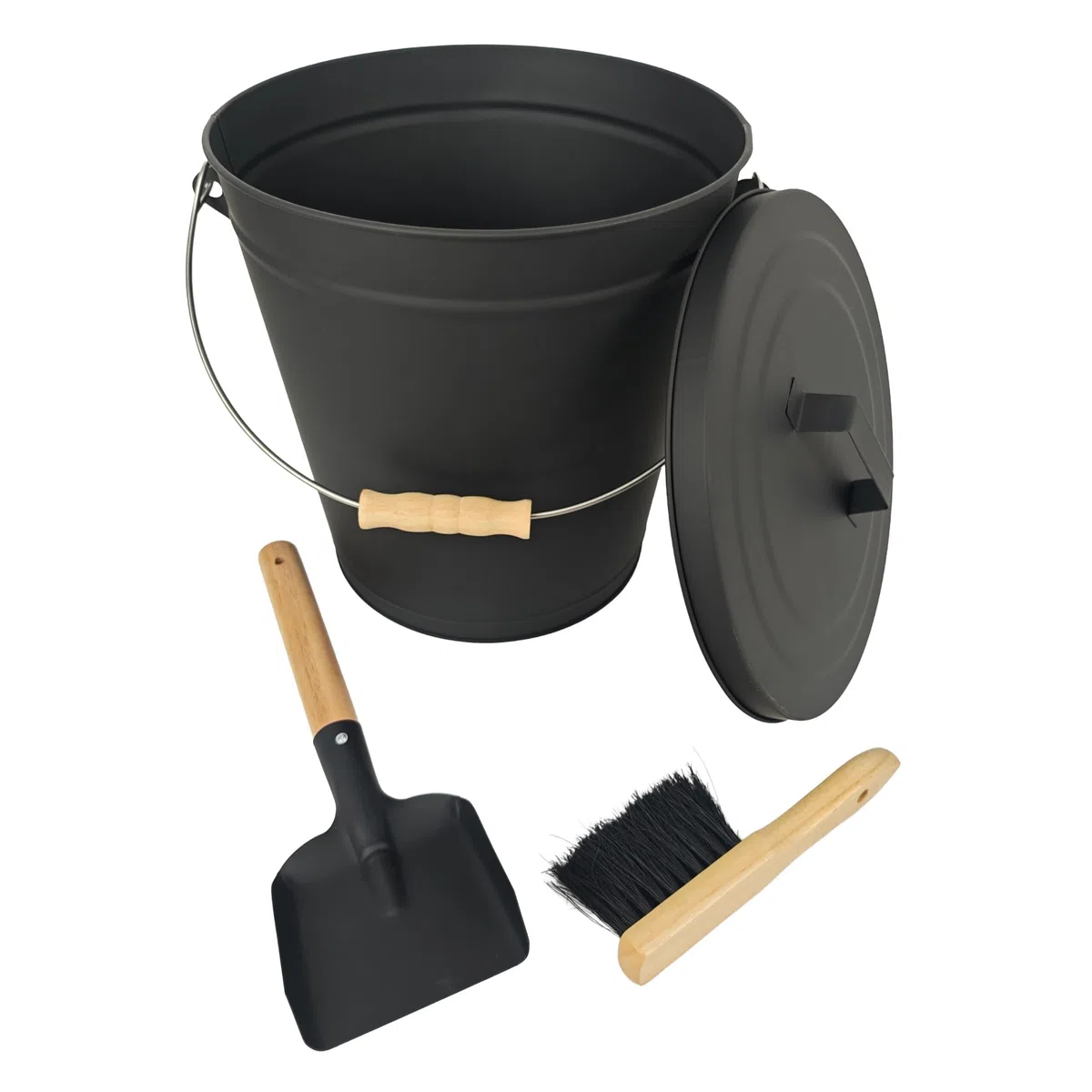 Relaxdays Ascheeimer mit Deckel, 20 Liter, inkl. Aschebesen & Kaminschaufel, Aschebehälter mit Henkel, schwarz/Natur