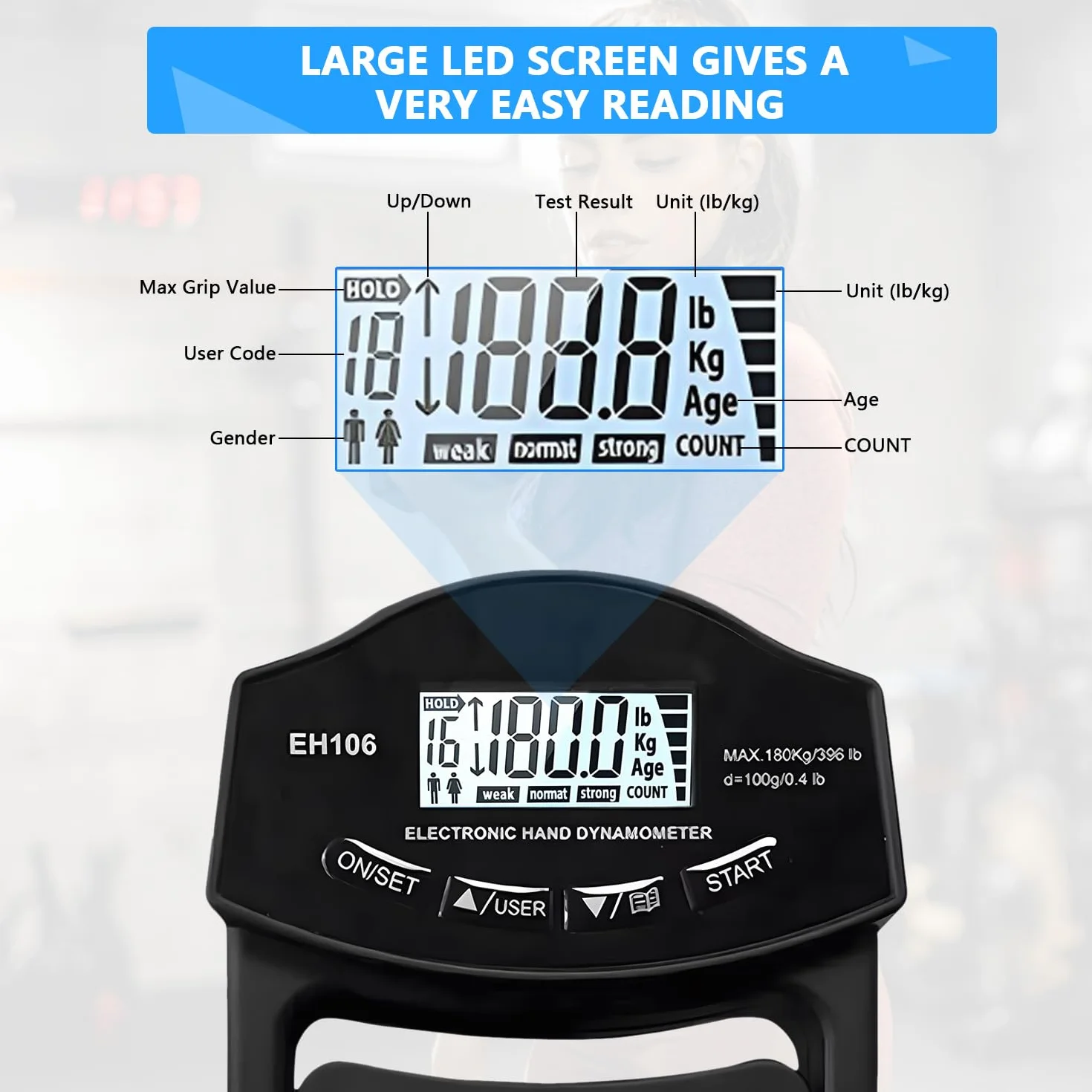 Digitaler Handkraftmessgerät 396lb/180Kg Elektronische Griffkraft Messgerät Großer LED-Bildschirm Hand Dynamometer mit USB-Ladekabel, Intelligent und einfühlsam(Schwarz), WLQ2