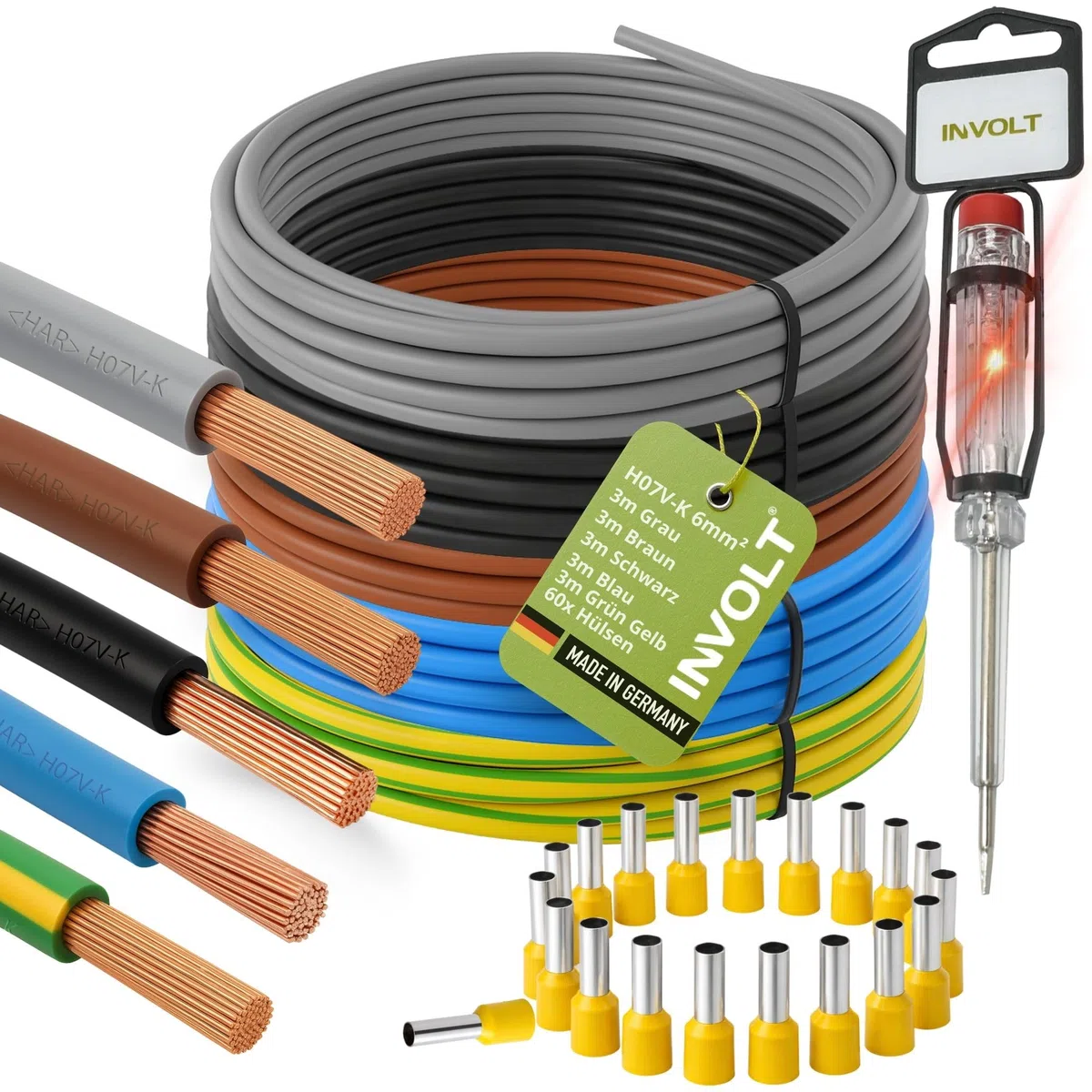 INVOLT H07V-K 6 mm² Verdrahtungsleitung 5 x 3m Set, Einzelader Schwarz, Blau, Braun, Grau, Grün-Gelb mit 60 Aderendhülsen und Spannungsprüfer