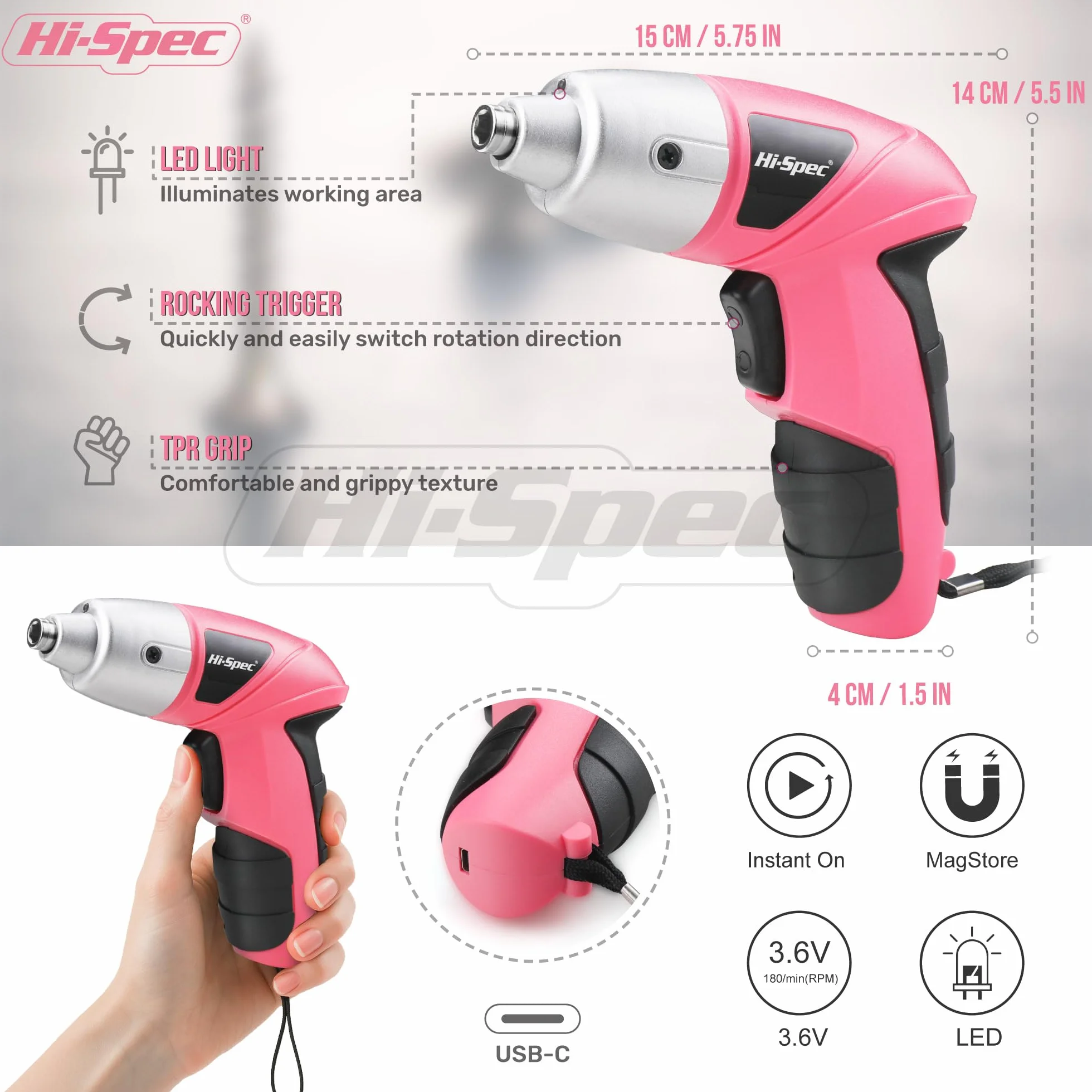 Hi-Spec Akkuschrauber klein in Pink Rosa mit wiederaufladbarem 3.6-V-Akku und LED-Licht. Mit 26-teiligem Zubehör Schraubendreher Bit Set – Mini Akkuschrauber für Frauen