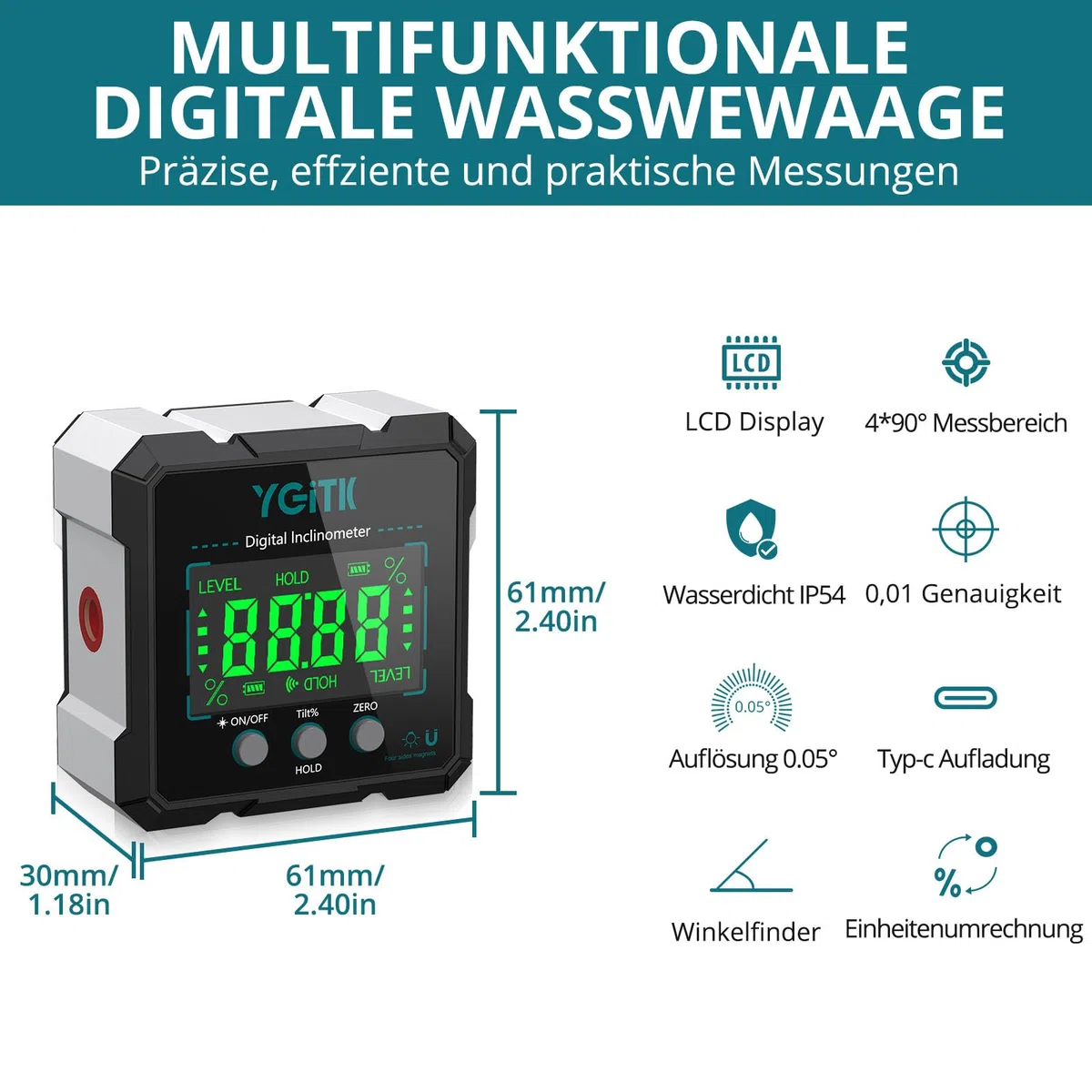 Digitaler Winkelmesser für Heimwerker & Schreiner - Bei Montage oder Fliesenarbeit präzise Winkel einstellen, IP54 wasserdicht, 4-seitig magnetisch, USB-C aufladbar - Hohe Kostenleistung