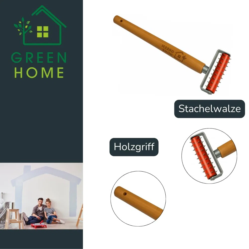 Green Home Stachelwalze Tapeten 150 x 500 mm, Nagelroller, Igelwalze, Tapetenigel zum Perforieren von Tapeten – Tapezierwerkzeug Nagelwalze Igelroller Tapezieren Stachelroller mit Holzgriff