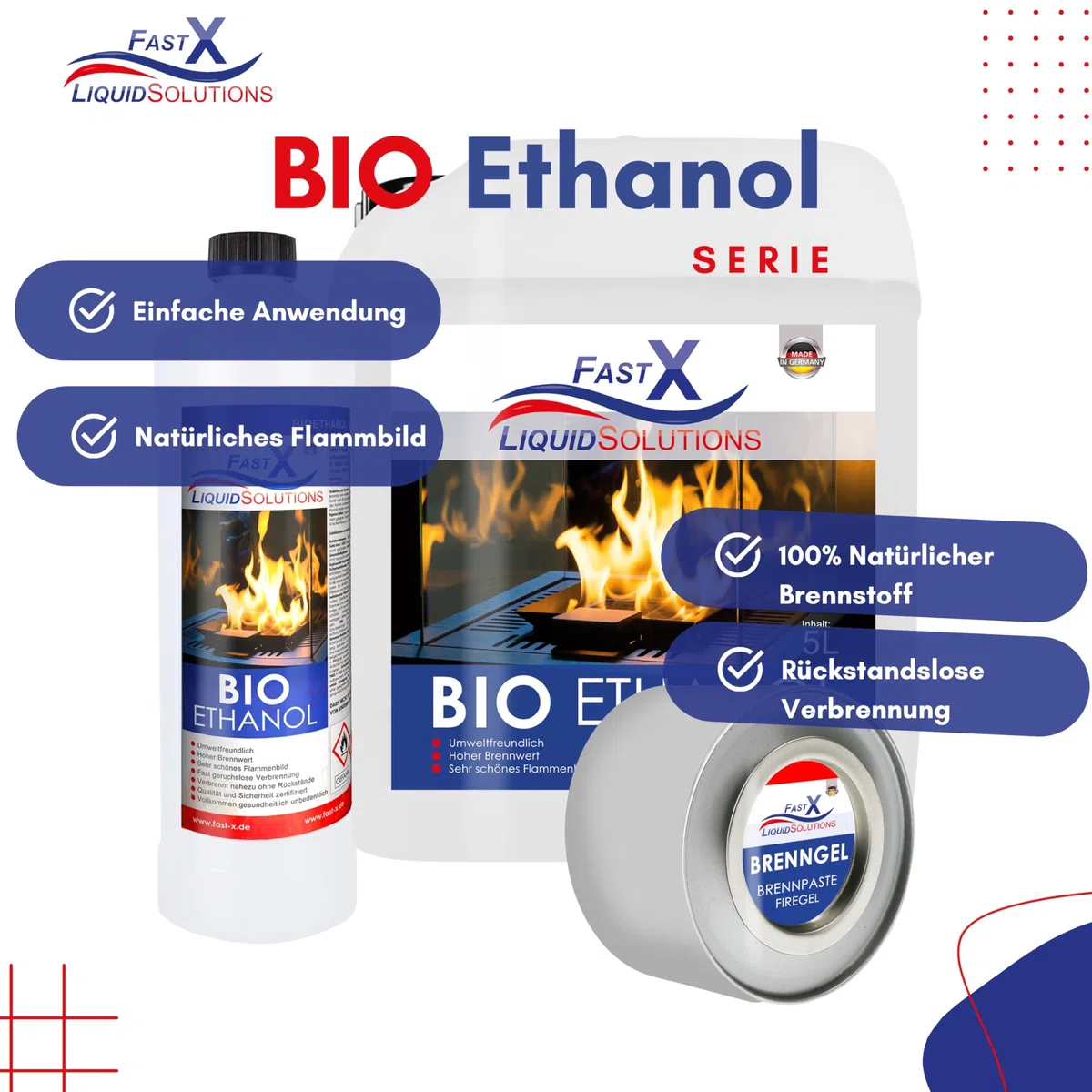 Fast X Bio Ethanol 6x1L - 100% Natürlich, für Ethanolkamine & Alkoholbrenner. Umweltfreundlich & geruchsfrei, sicher für Raum- & Gartenfeuer mit rückstandsloser Verbrennung